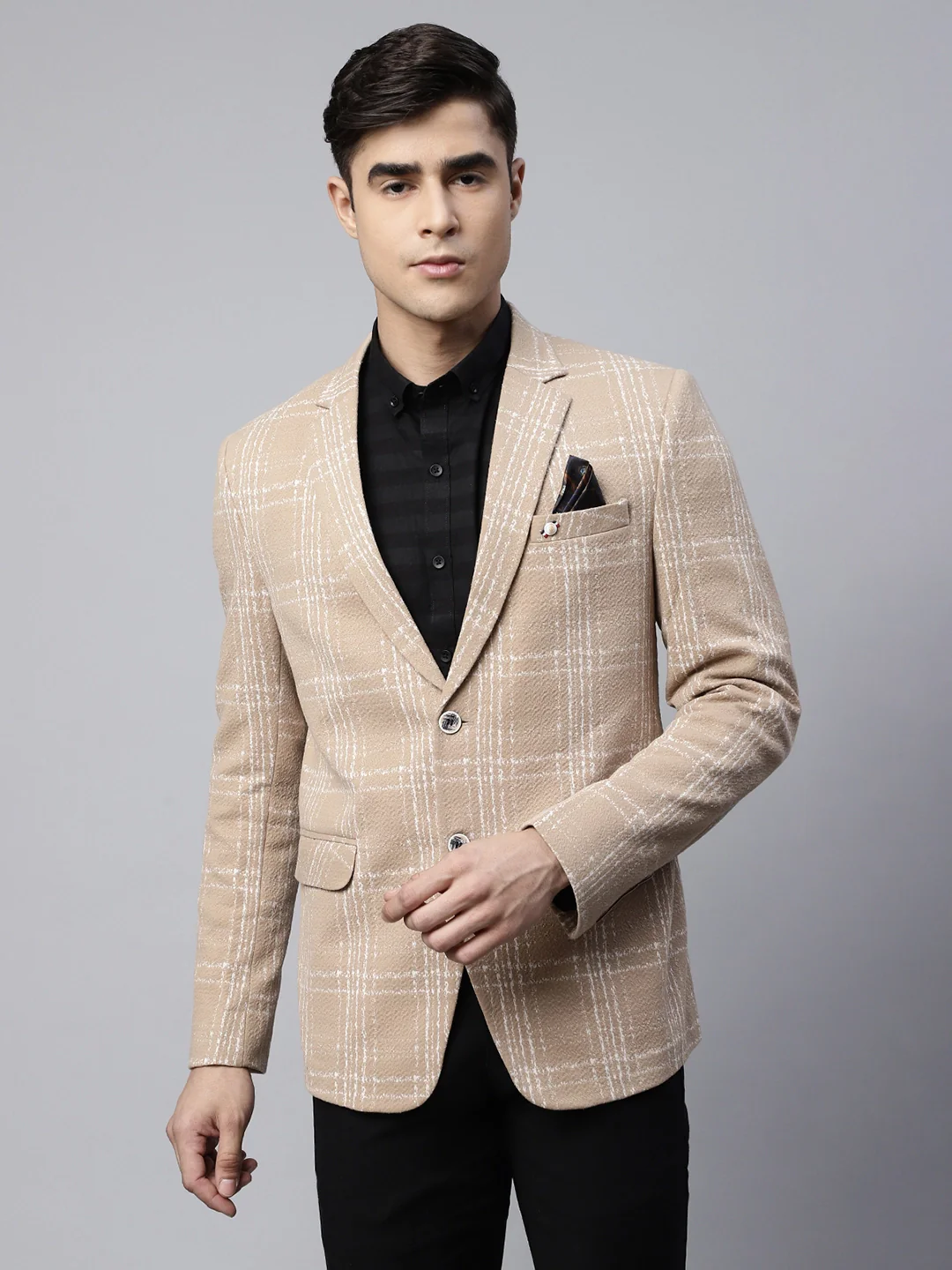 s Beige Tailored Fit Textured Check Pattern Coat - Image 3