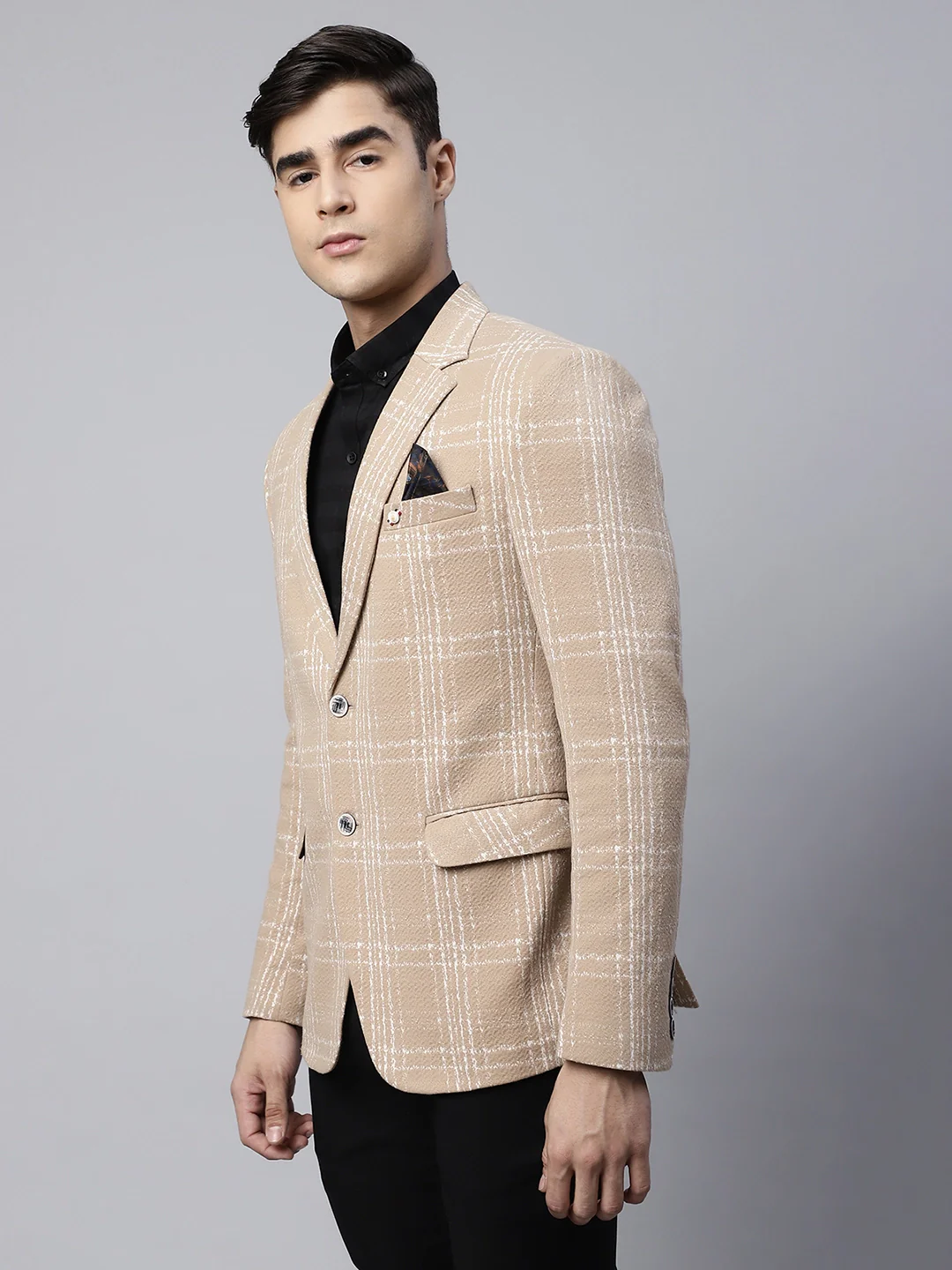 s Beige Tailored Fit Textured Check Pattern Coat - Image 4