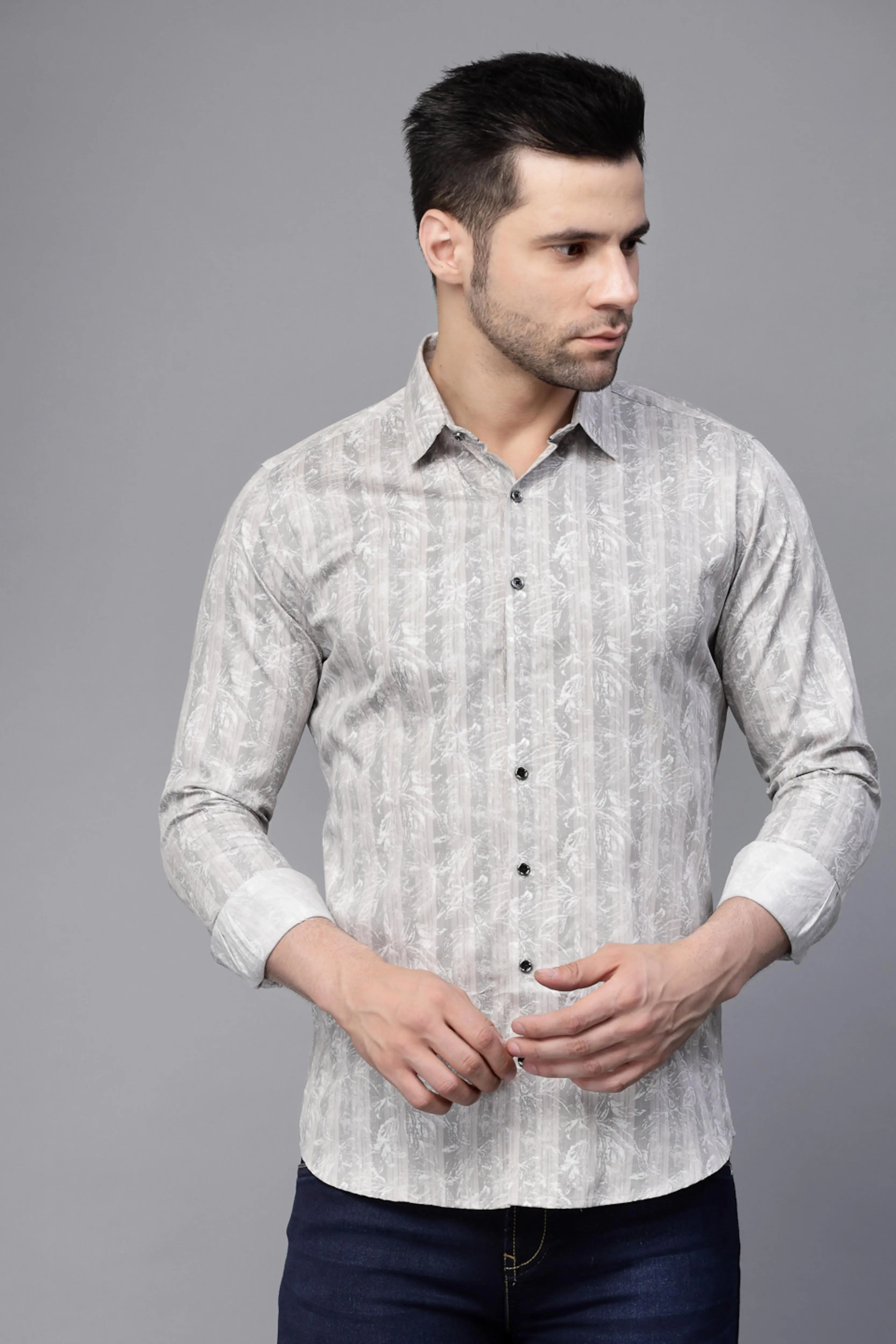 s Grey Striped Full Sleeve Regular Fit Shirt