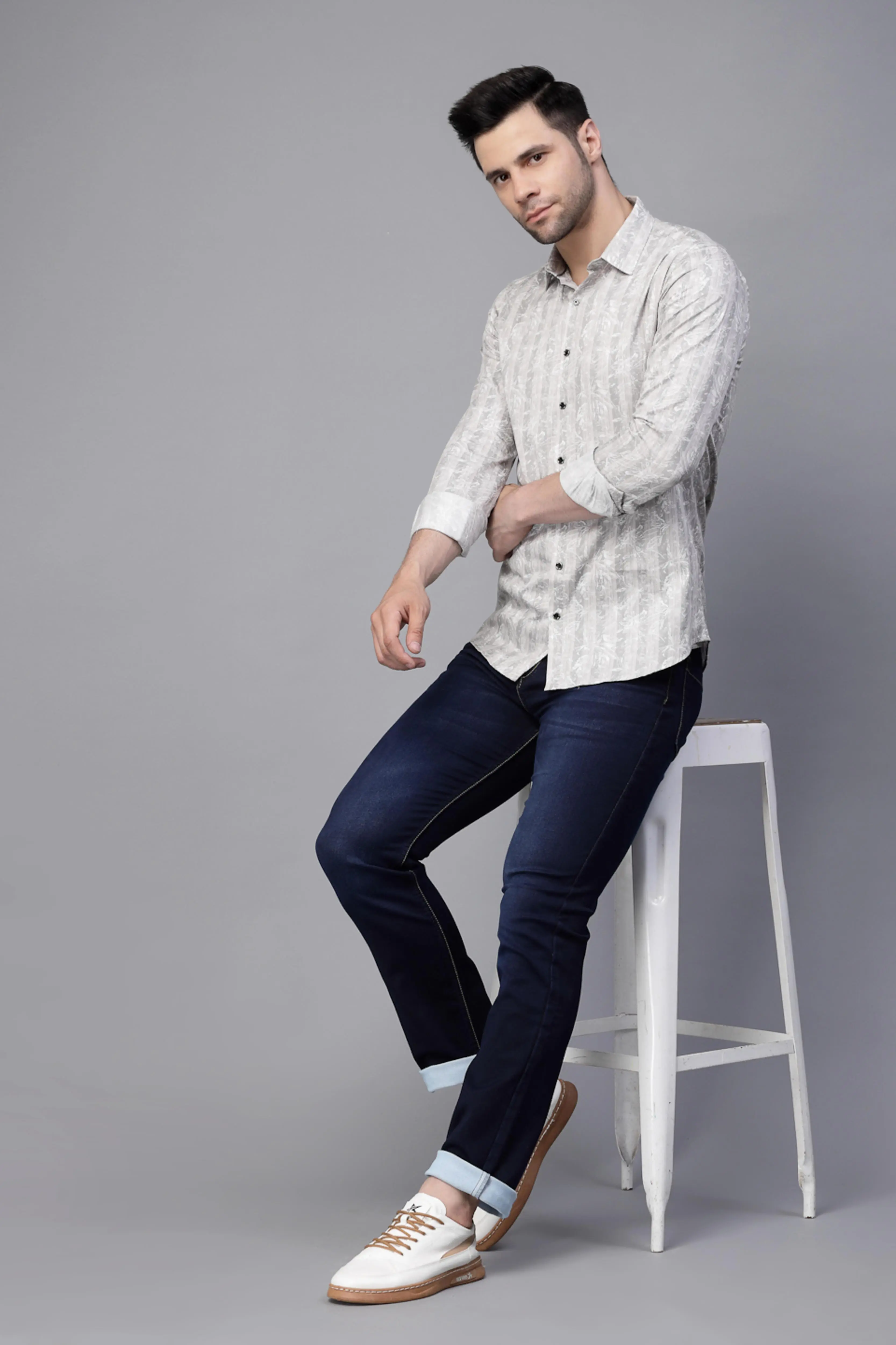 s Grey Striped Full Sleeve Regular Fit Shirt - Image 4