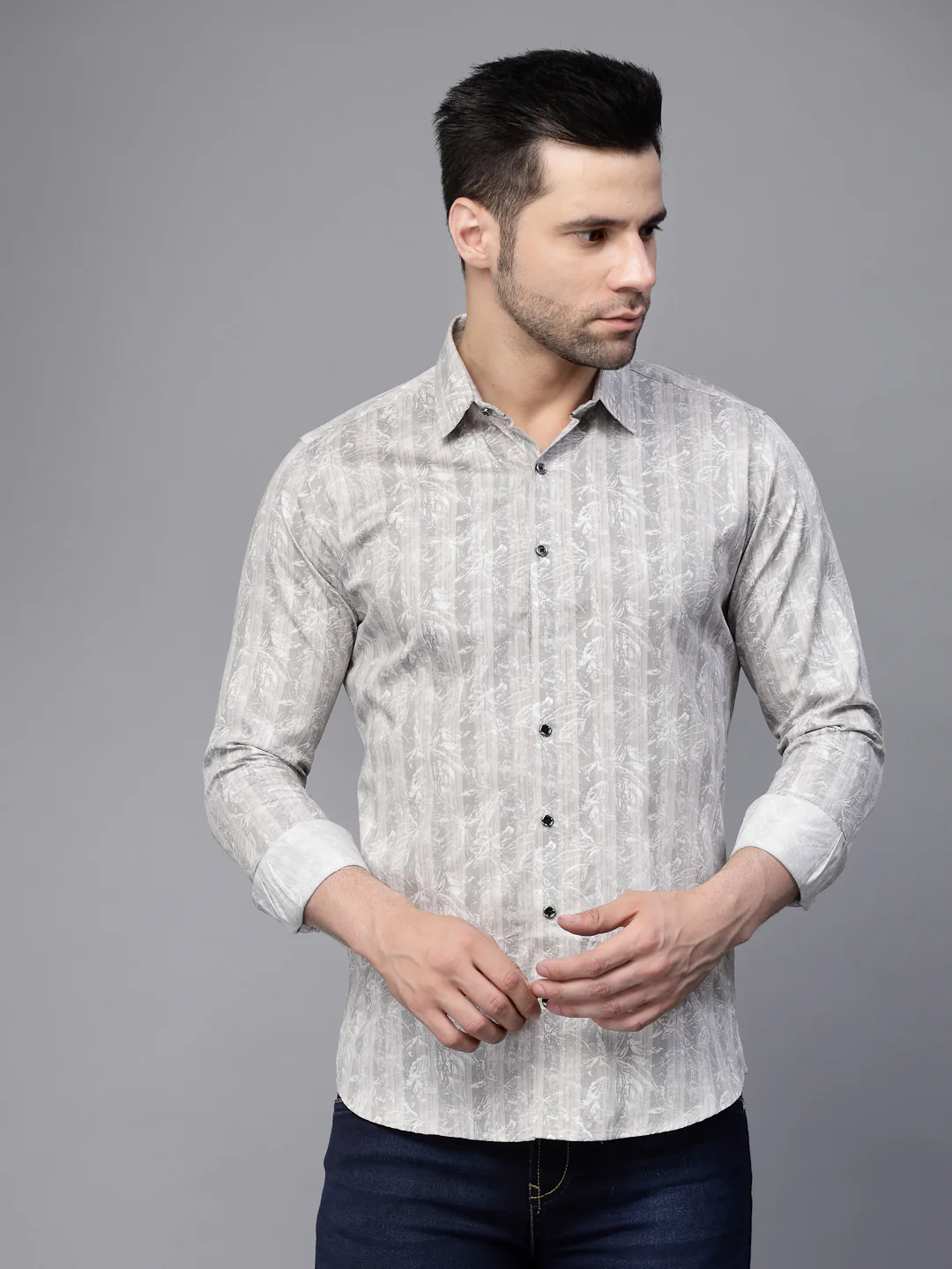s Grey Striped Full Sleeve Regular Fit Shirt - Image 8
