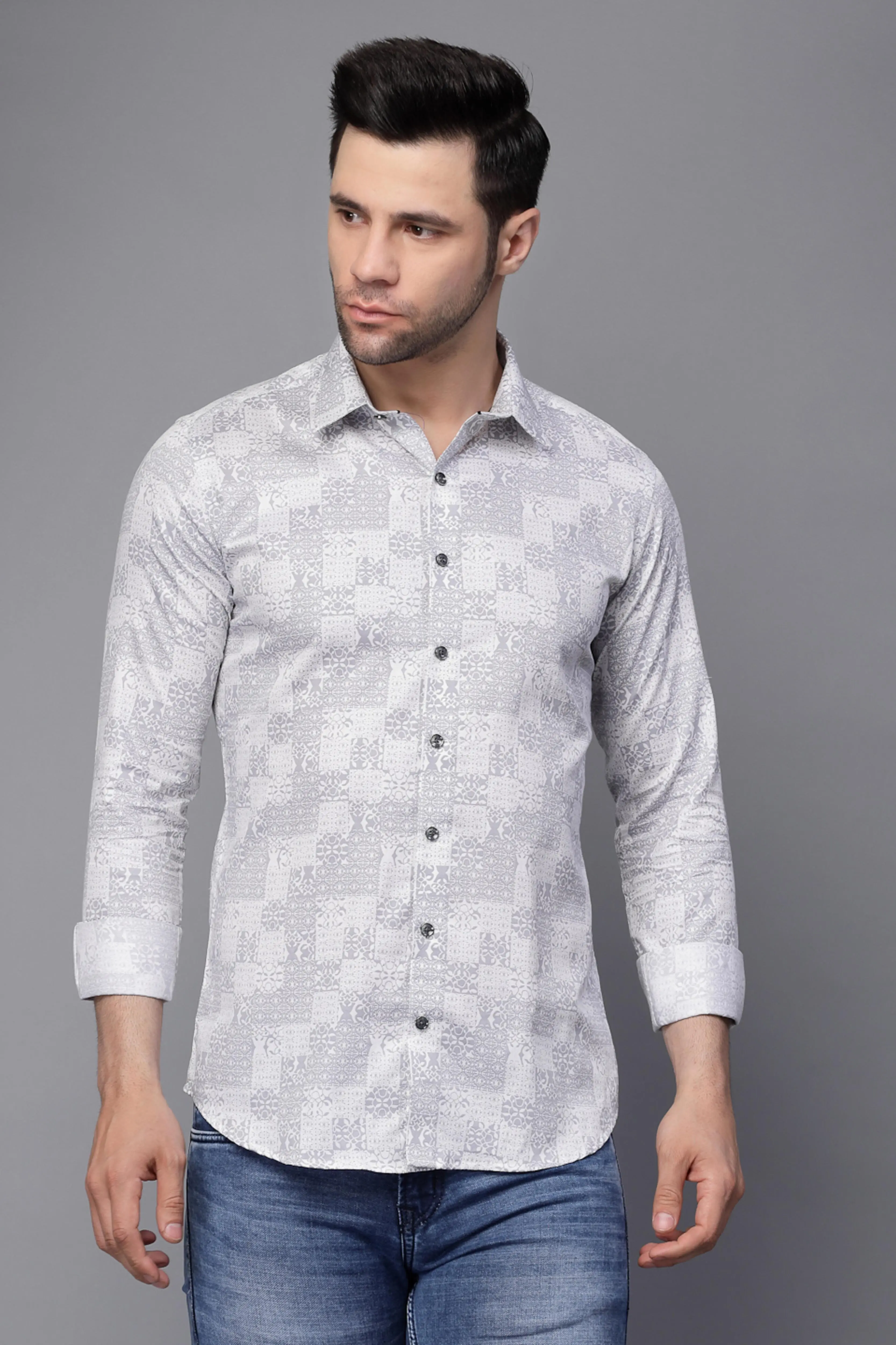 Mens Grey Printed Collar Neck Casual Shirt