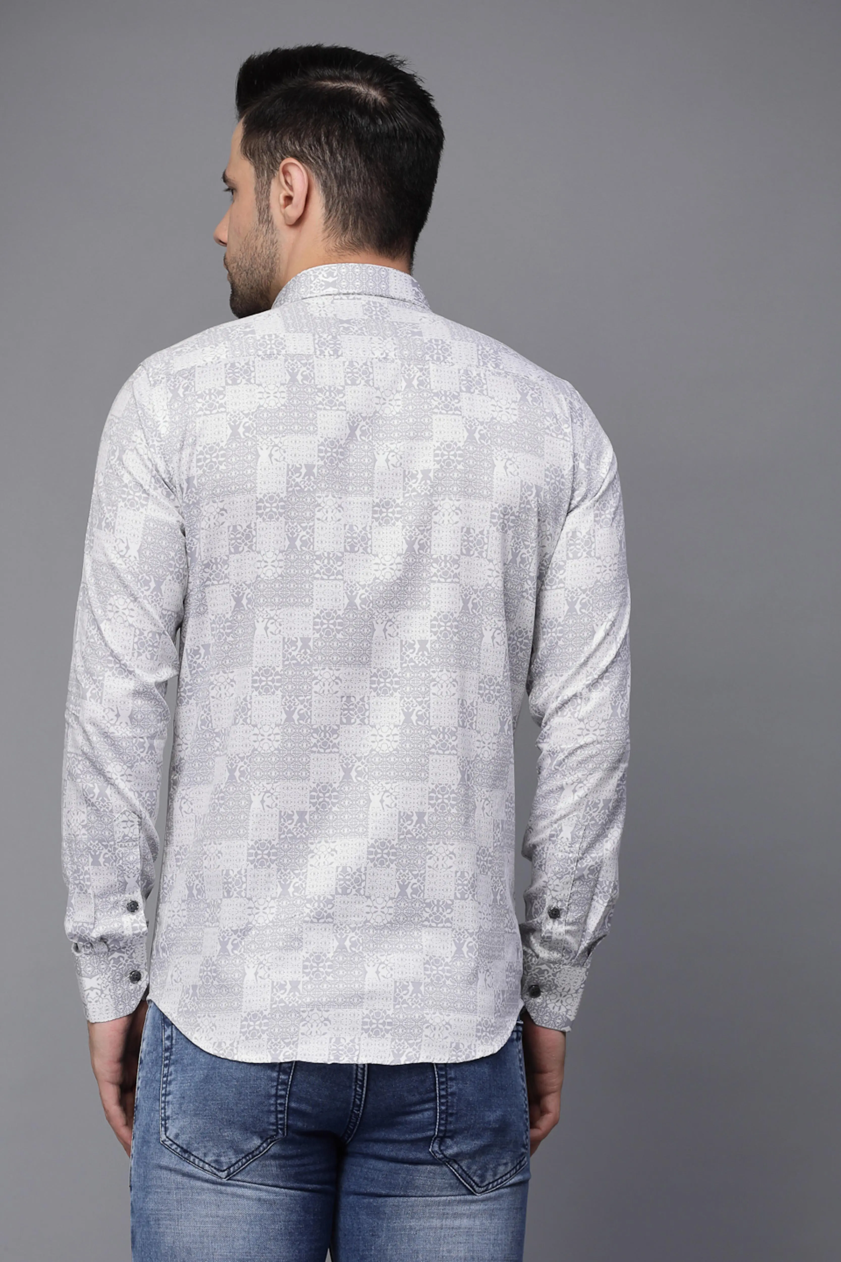 Mens Grey Printed Collar Neck Casual Shirt - Image 2