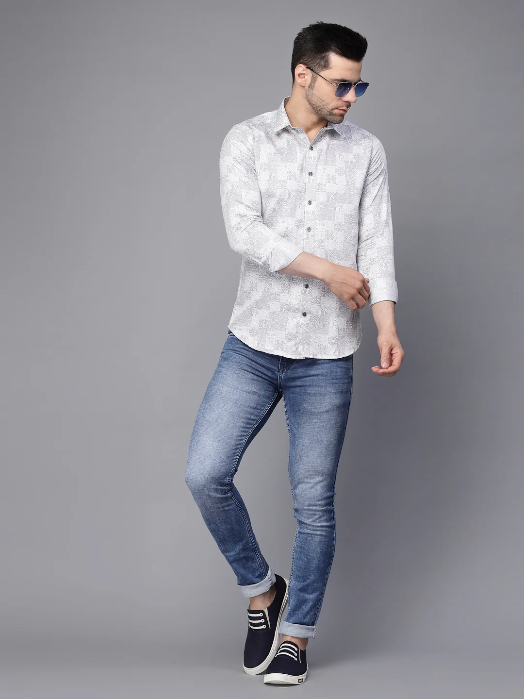 Mens Grey Printed Collar Neck Casual Shirt - Image 6