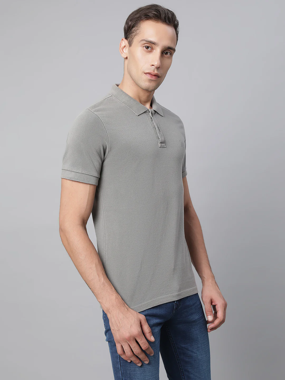 Mens Grey Collar Neck Solid T-Shirt - Image 7