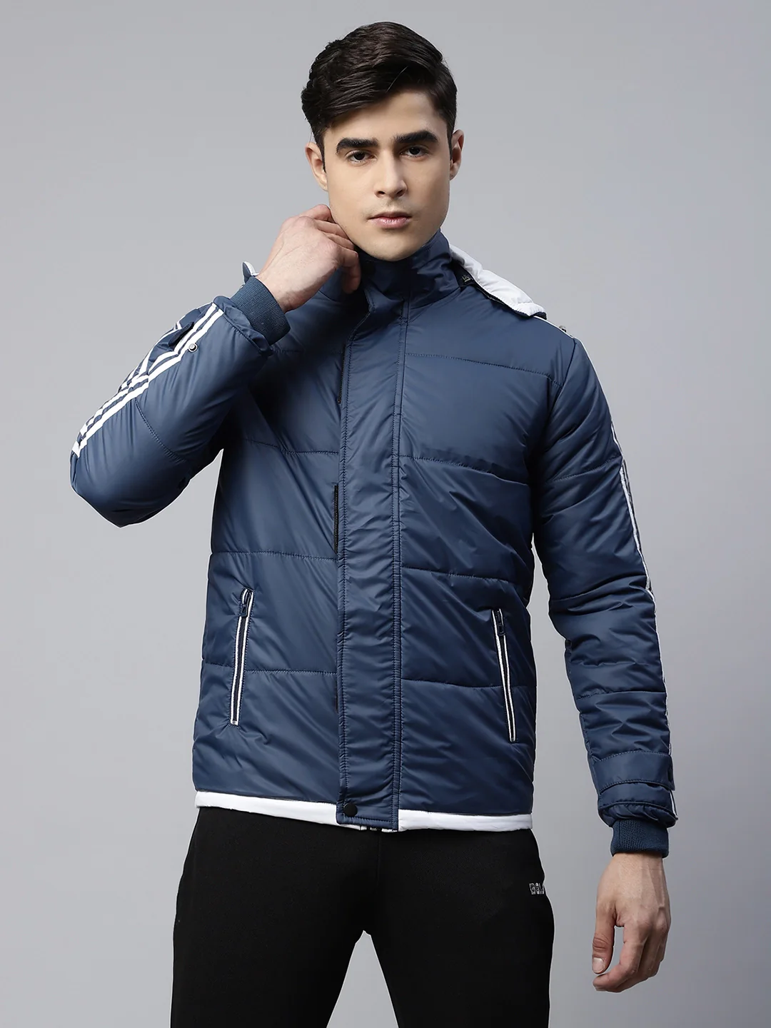 Navy Blue Detachable Hood Puffer Jacket - Image 3