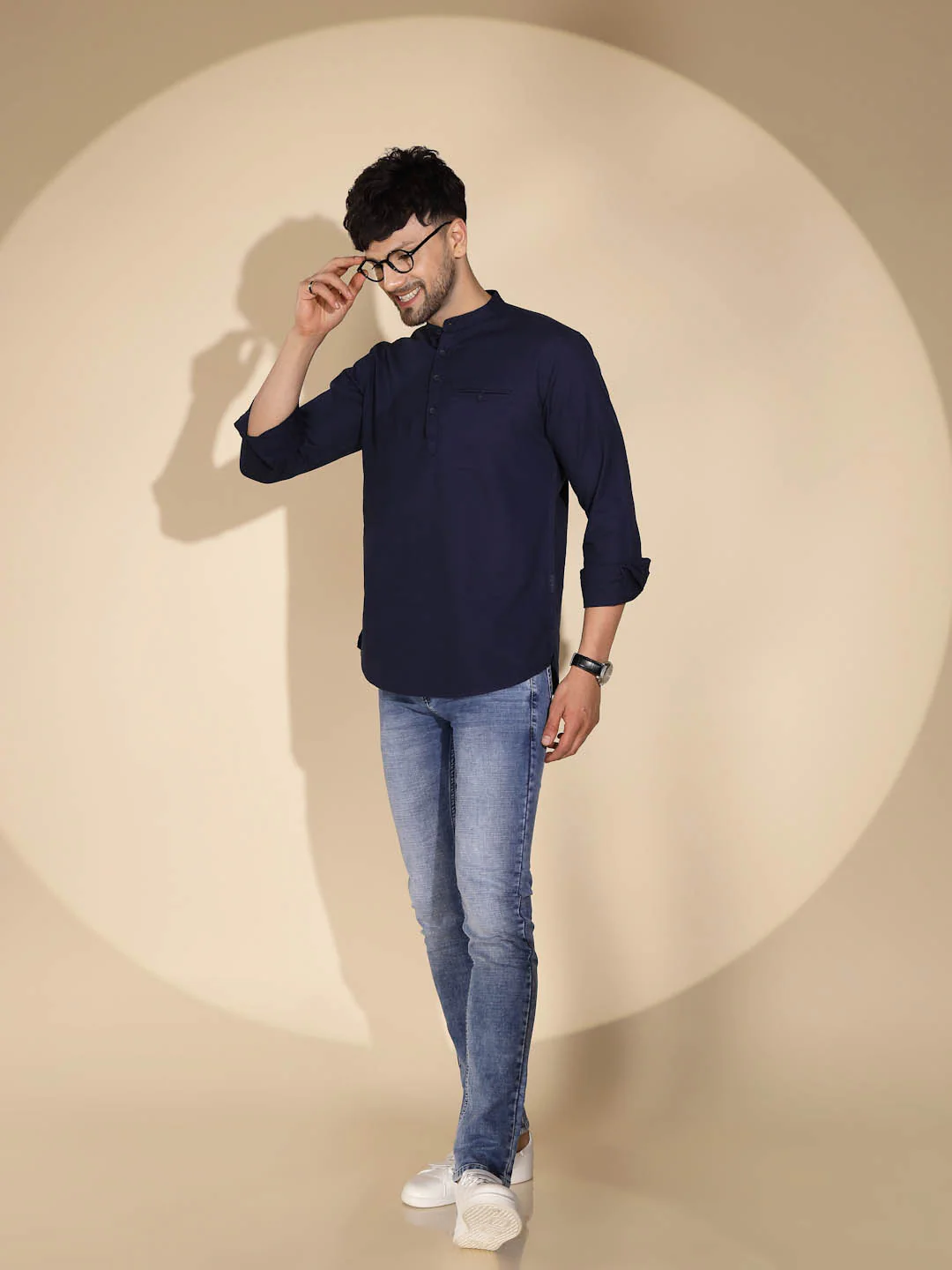 Mens Navy Blue Round Nack Solid Kurta - Image 6