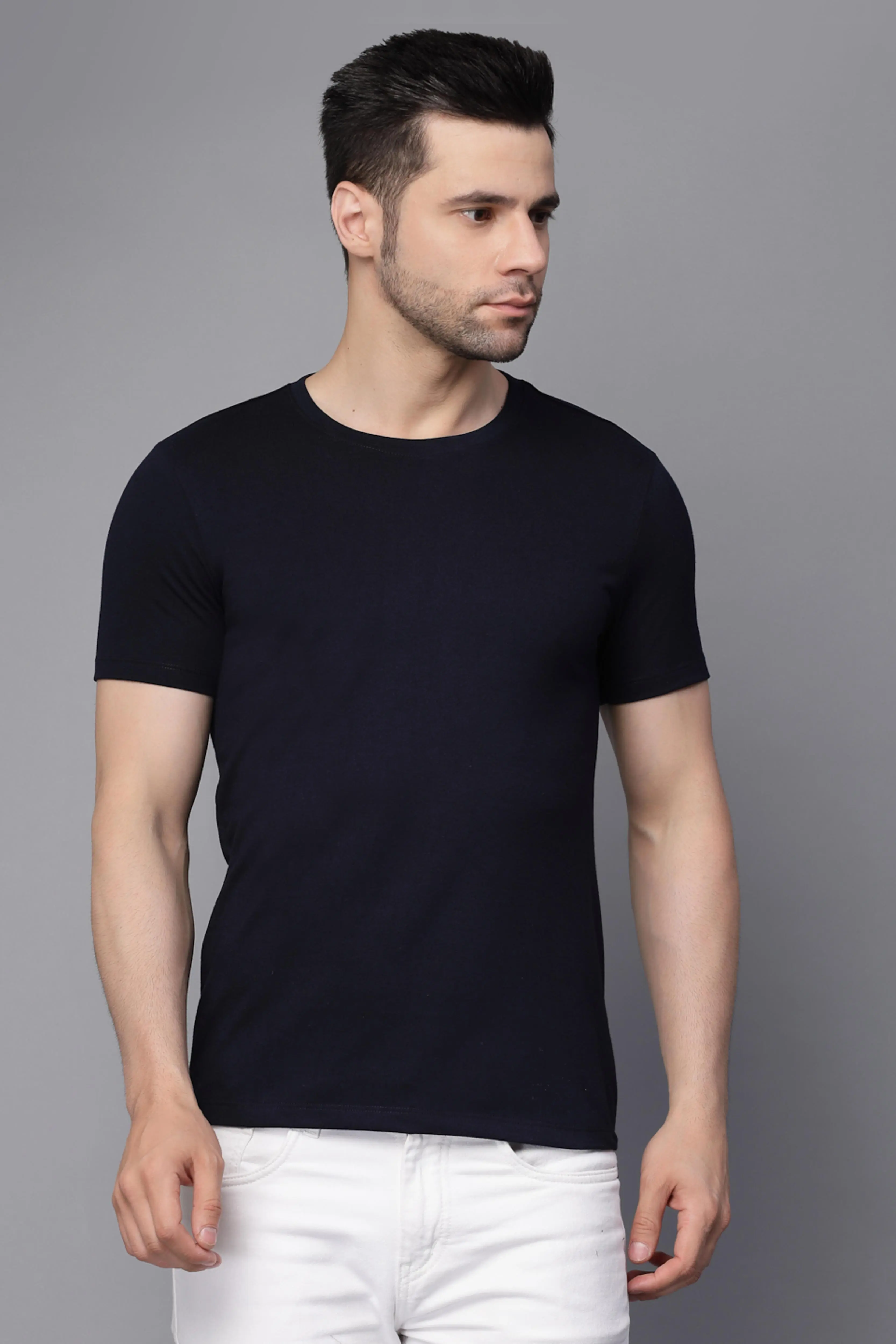 Navy Blue Solid Round Neck T-Shirt