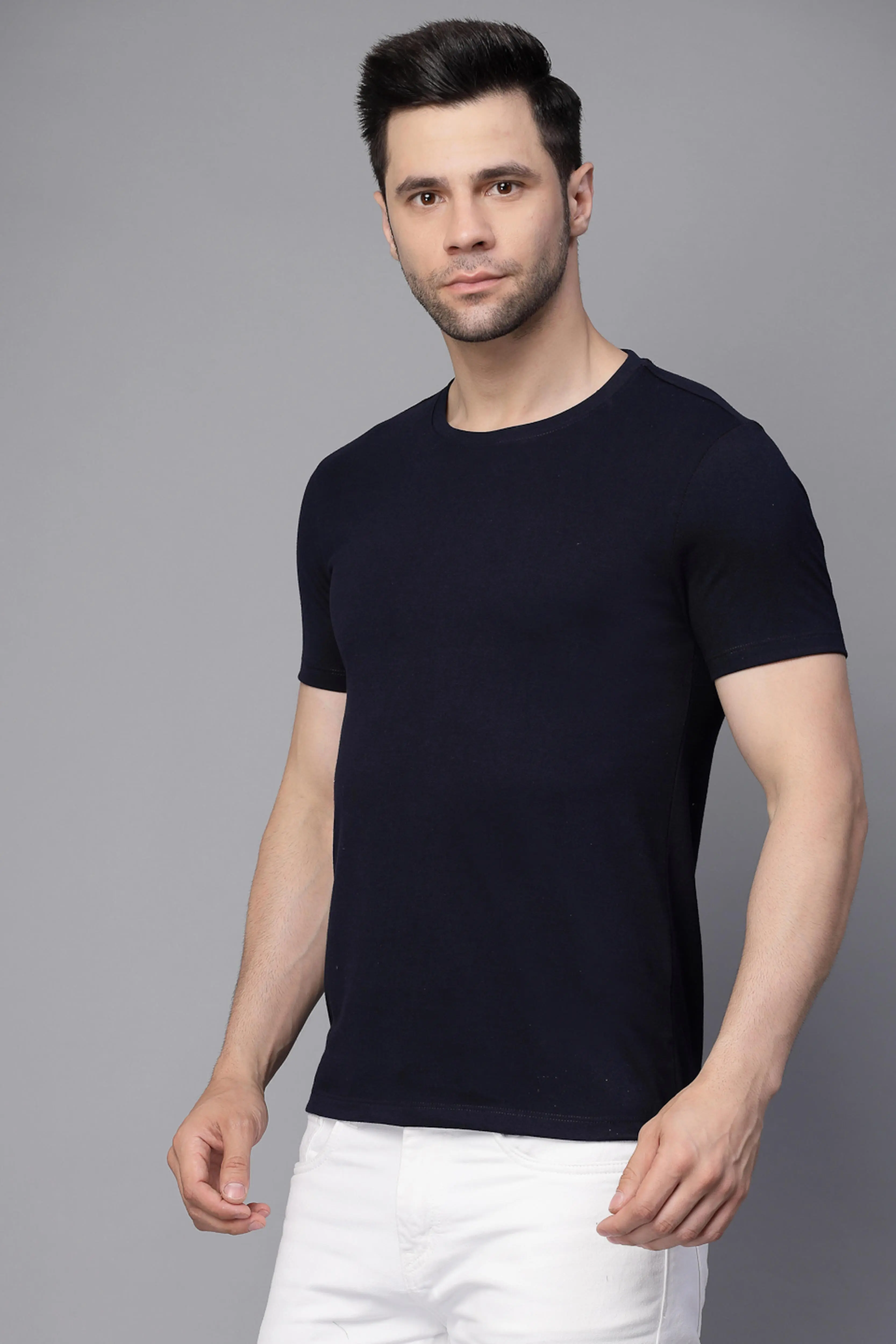 Navy Blue Solid Round Neck T-Shirt - Image 2