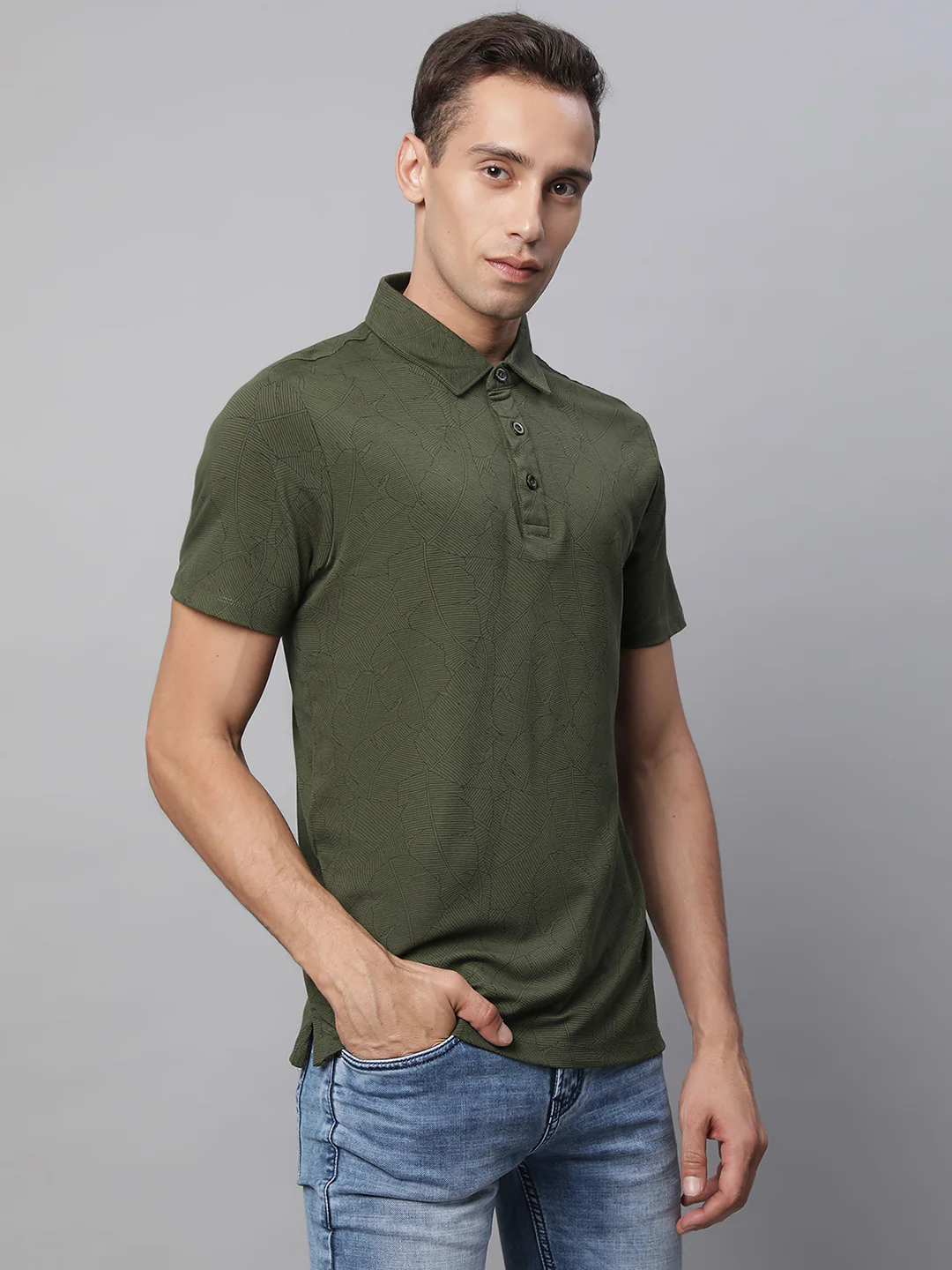 Mens Olive Collar Neck Printed T-Shirt - Image 9