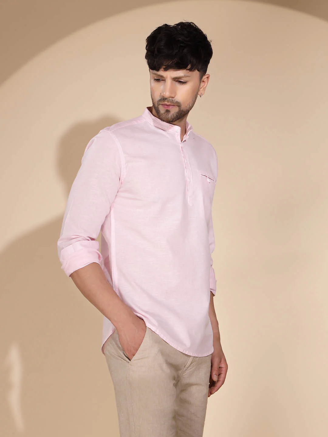 Mens Pink Round Nack Solid Kurta - Image 9