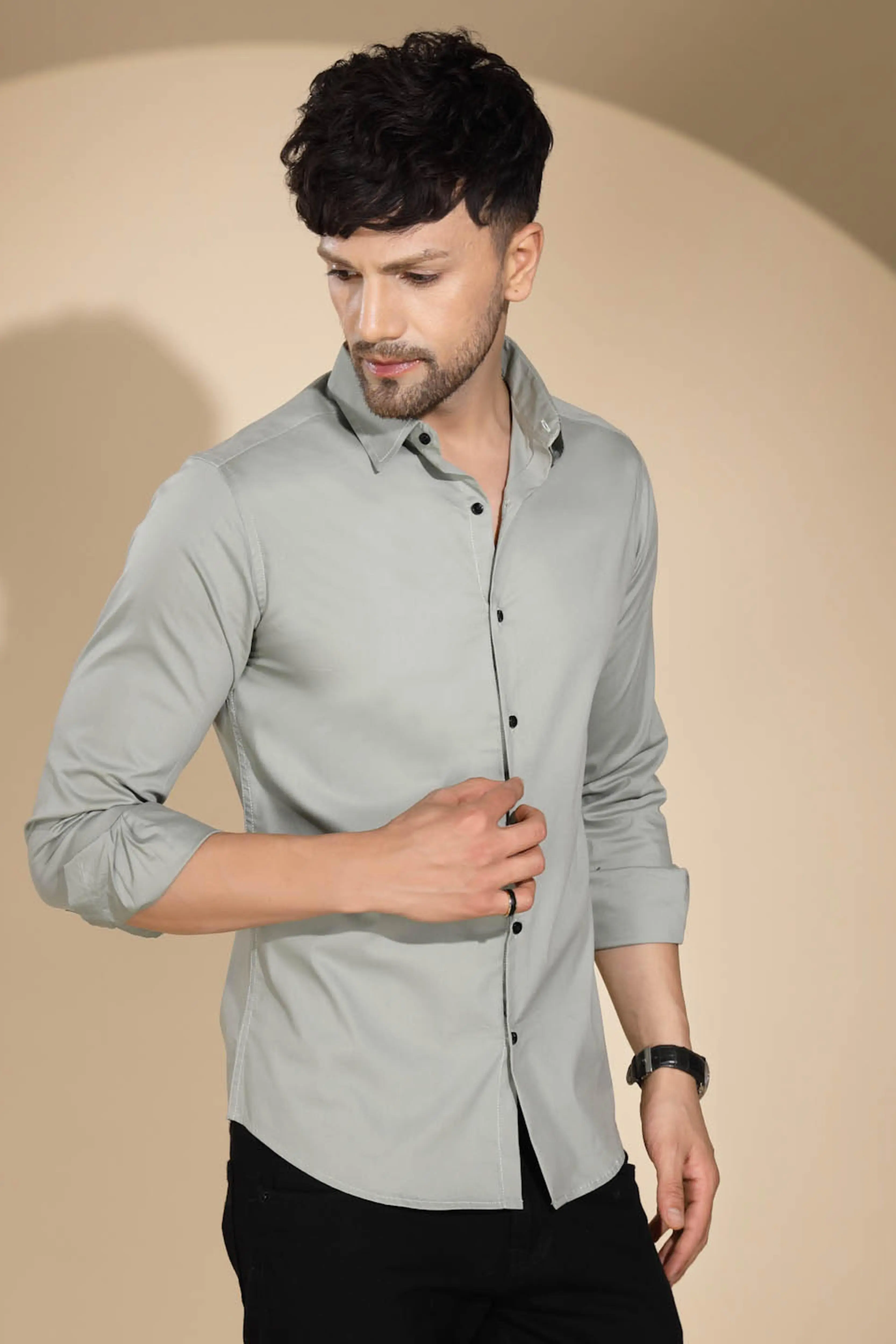 Mens Pista Green Collar Neck Solid Shirt - Image 3