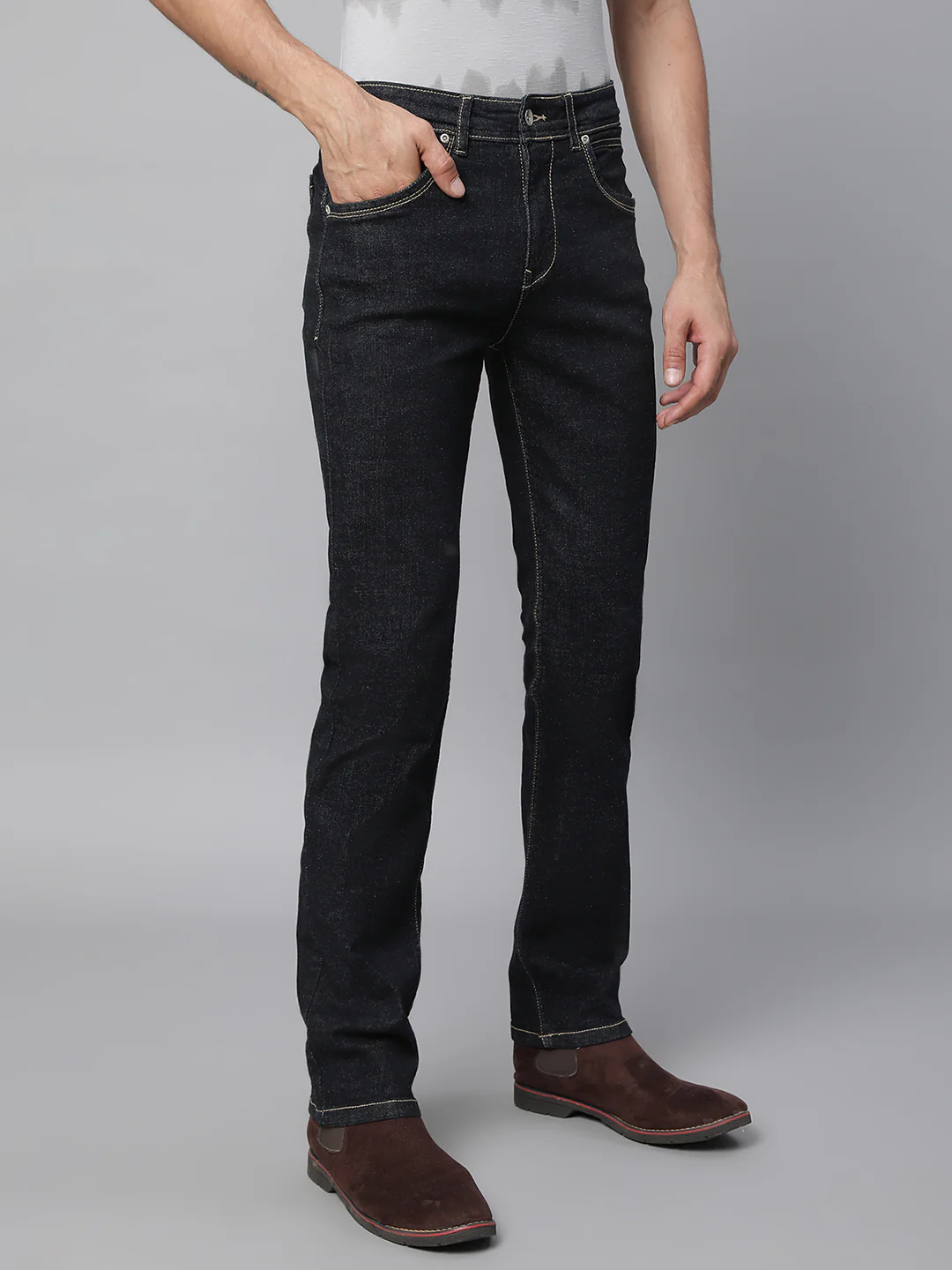 Mens Raw Black Cotton Solid Jeans - Image 12