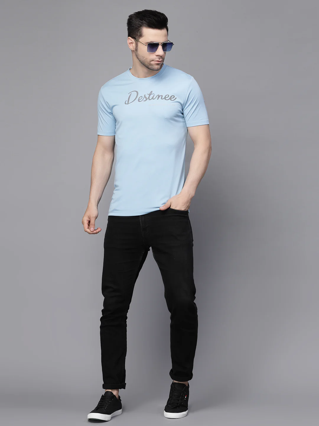 Mens Sky Blue Round Neck Printed T-Shirt - Image 4