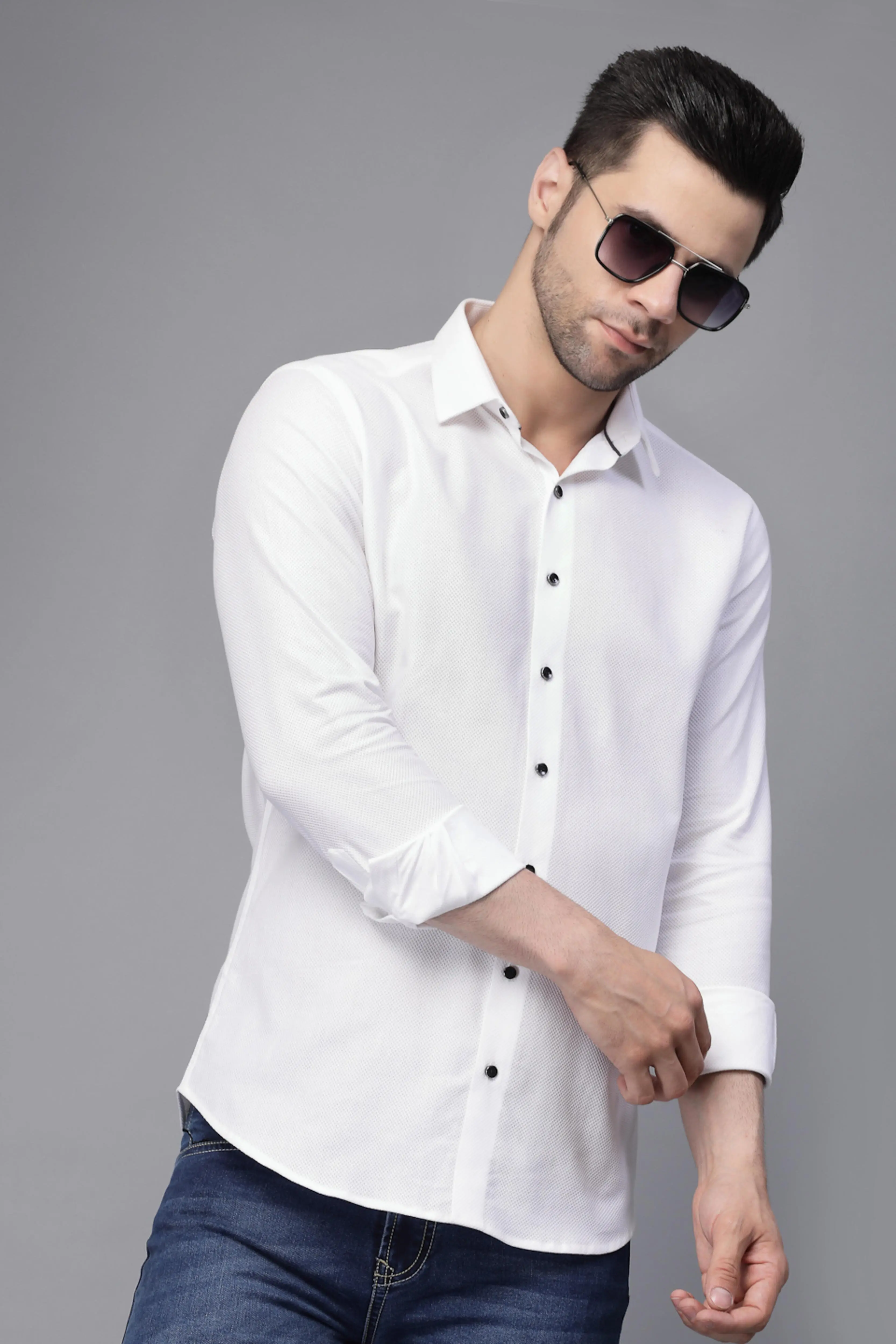s White Full Sleeve Collar Neck Solid Shirt - Image 3