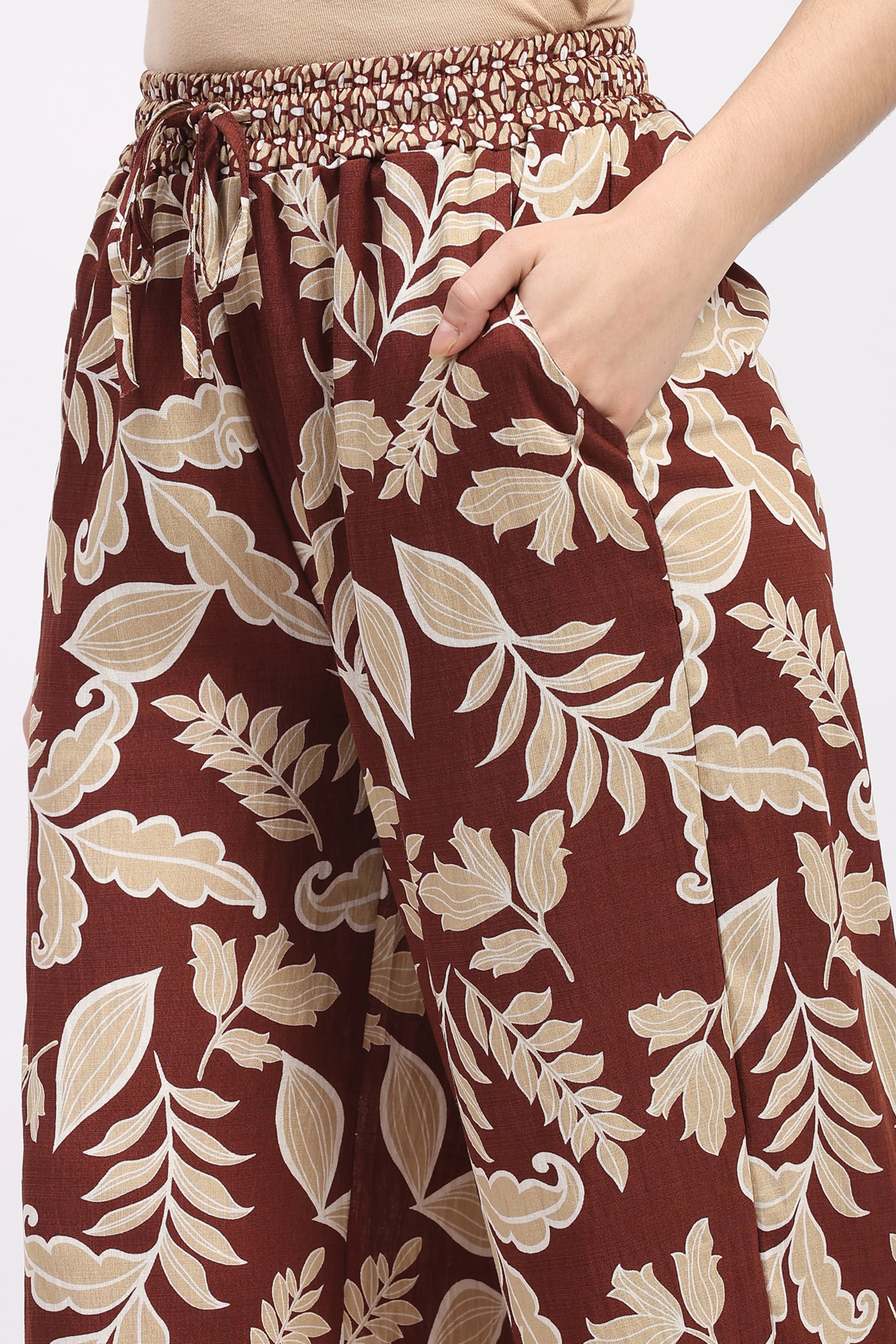 Mocha Leaf & Floral Print Rayon Co-ord Set - Image 11
