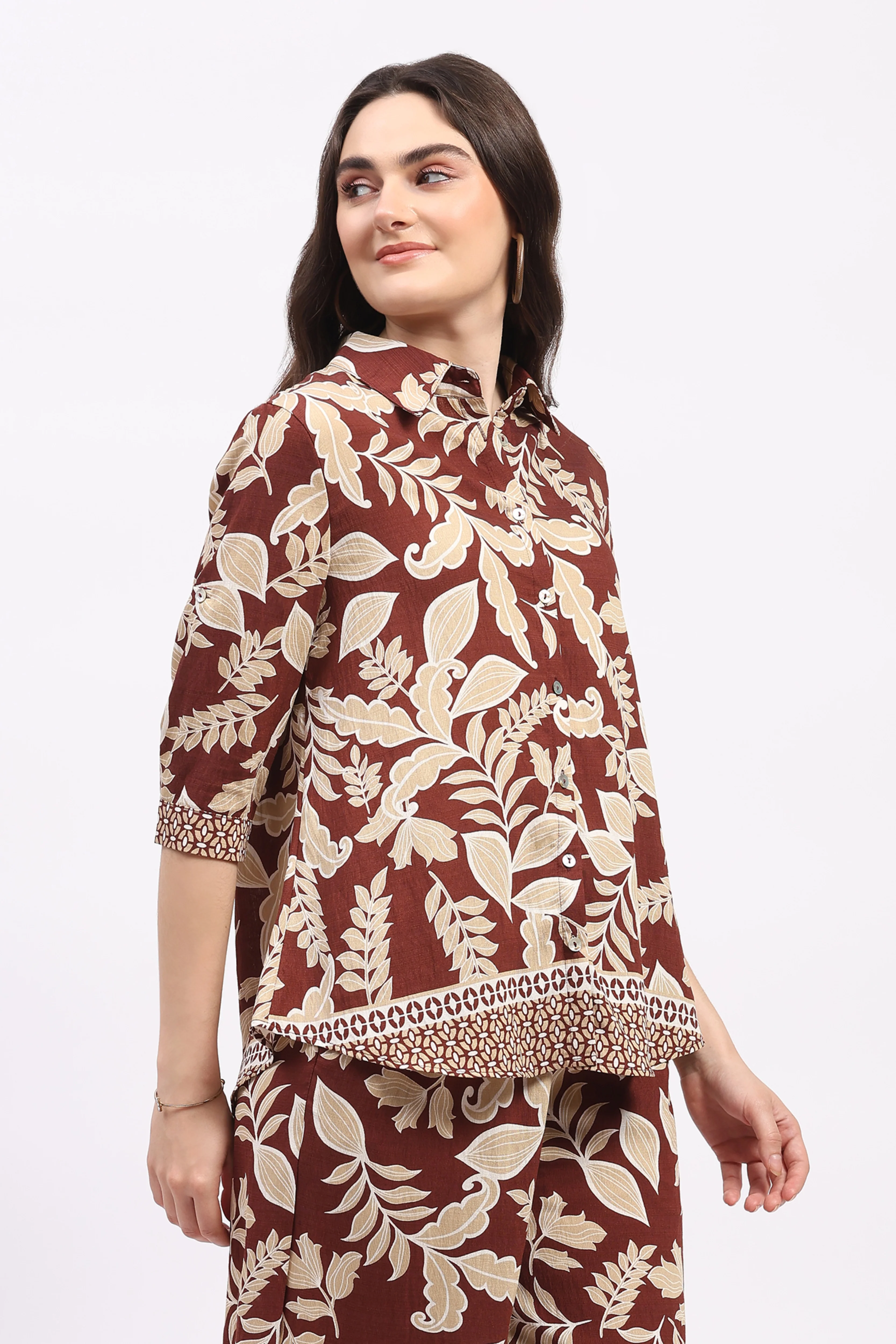 Mocha Leaf & Floral Print Rayon Shirt - Image 2