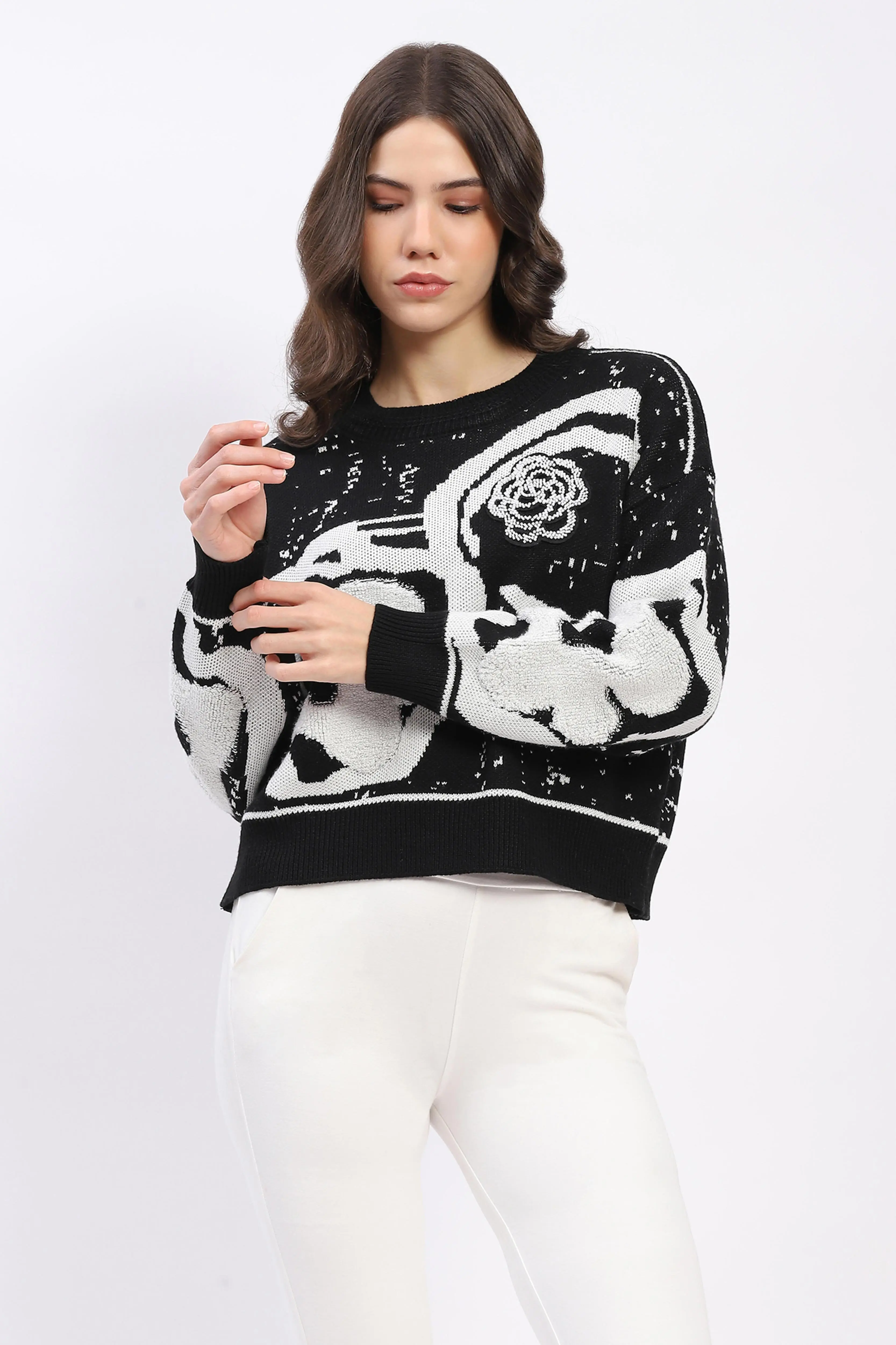Monochrome Embellished Wool-Blend Pullover
