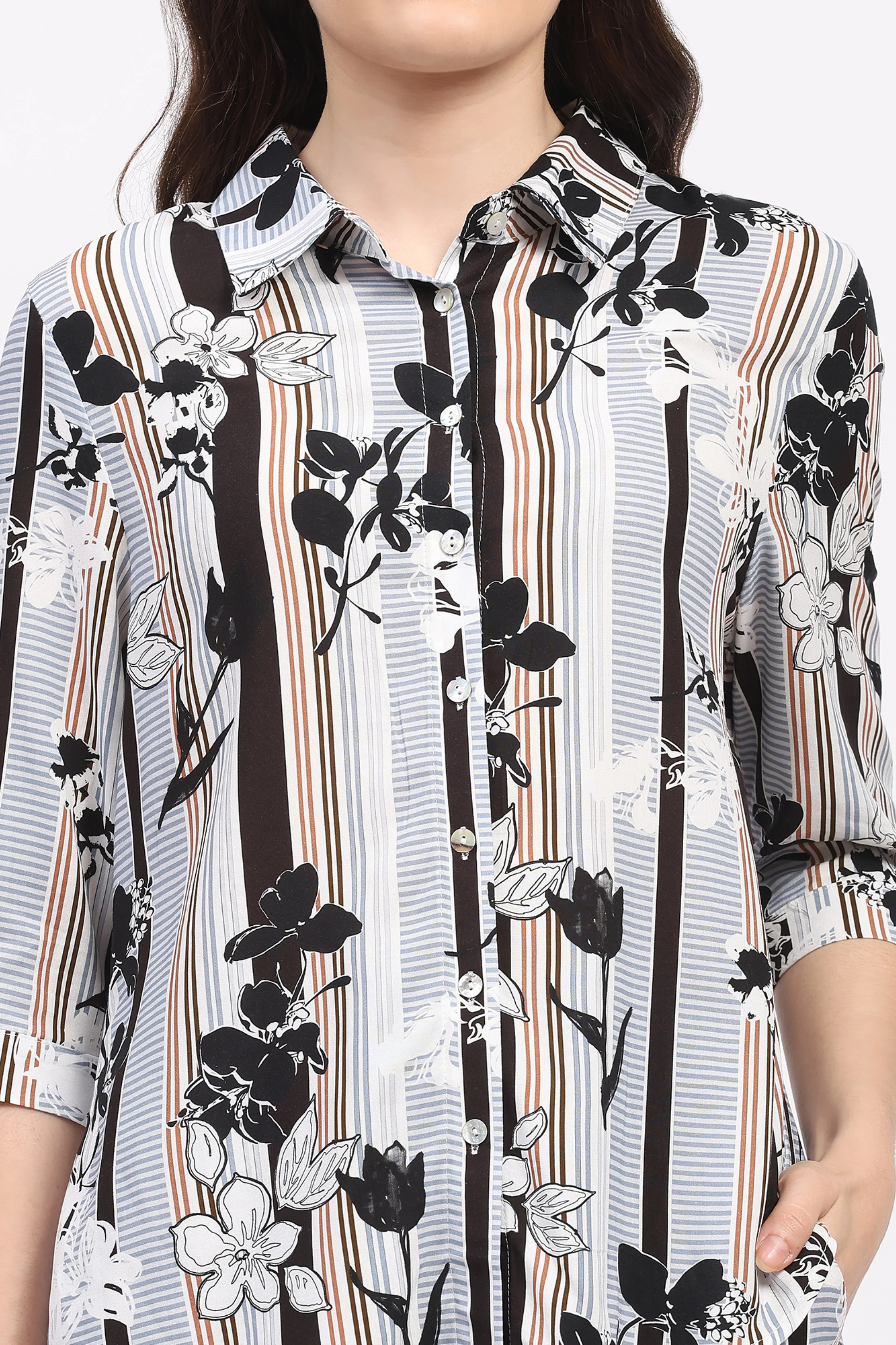Multi Floral & Striped Print Rayon Co-ord Set - Image 8