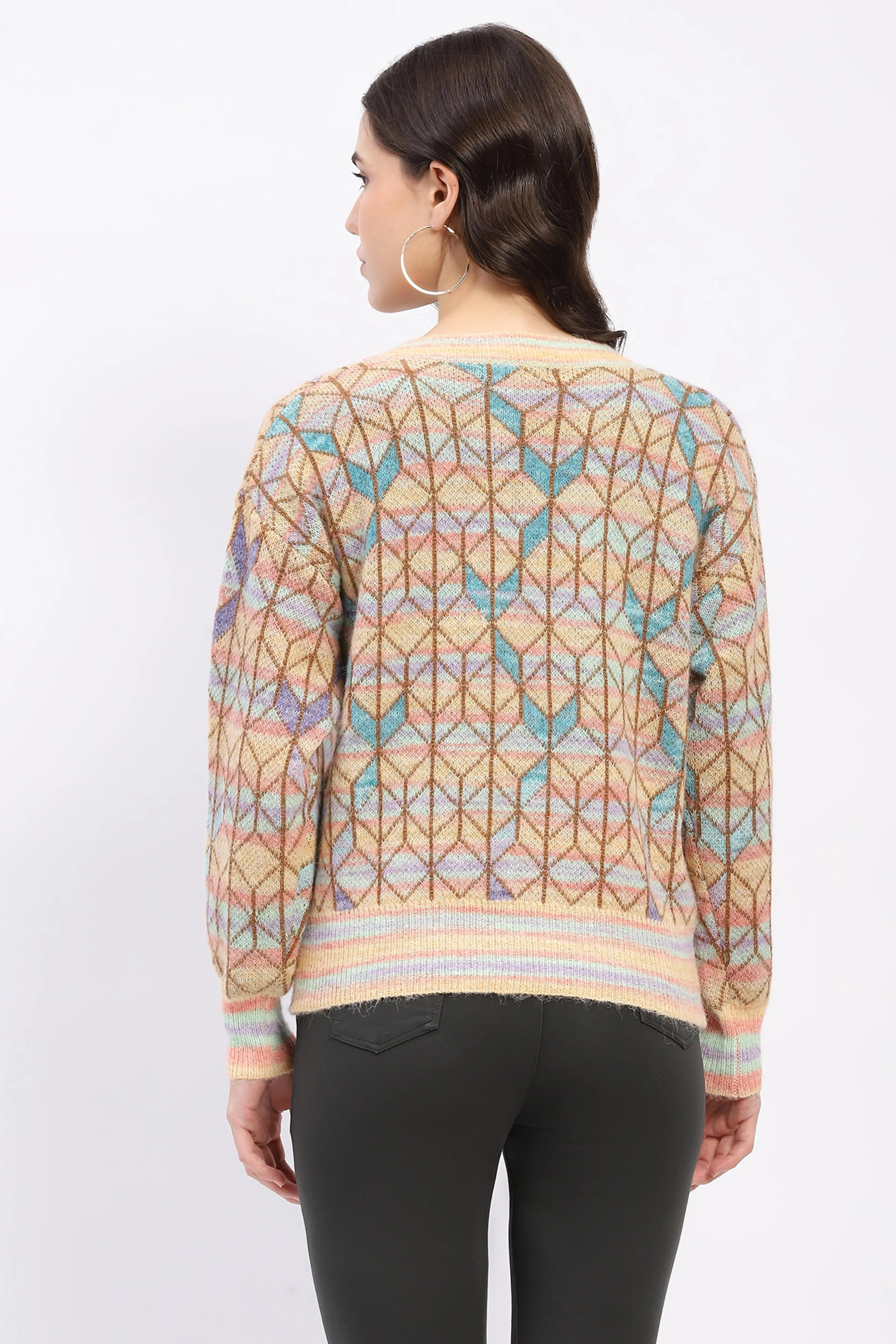 Multicolor Geometric V-Neck Pullover - Image 4