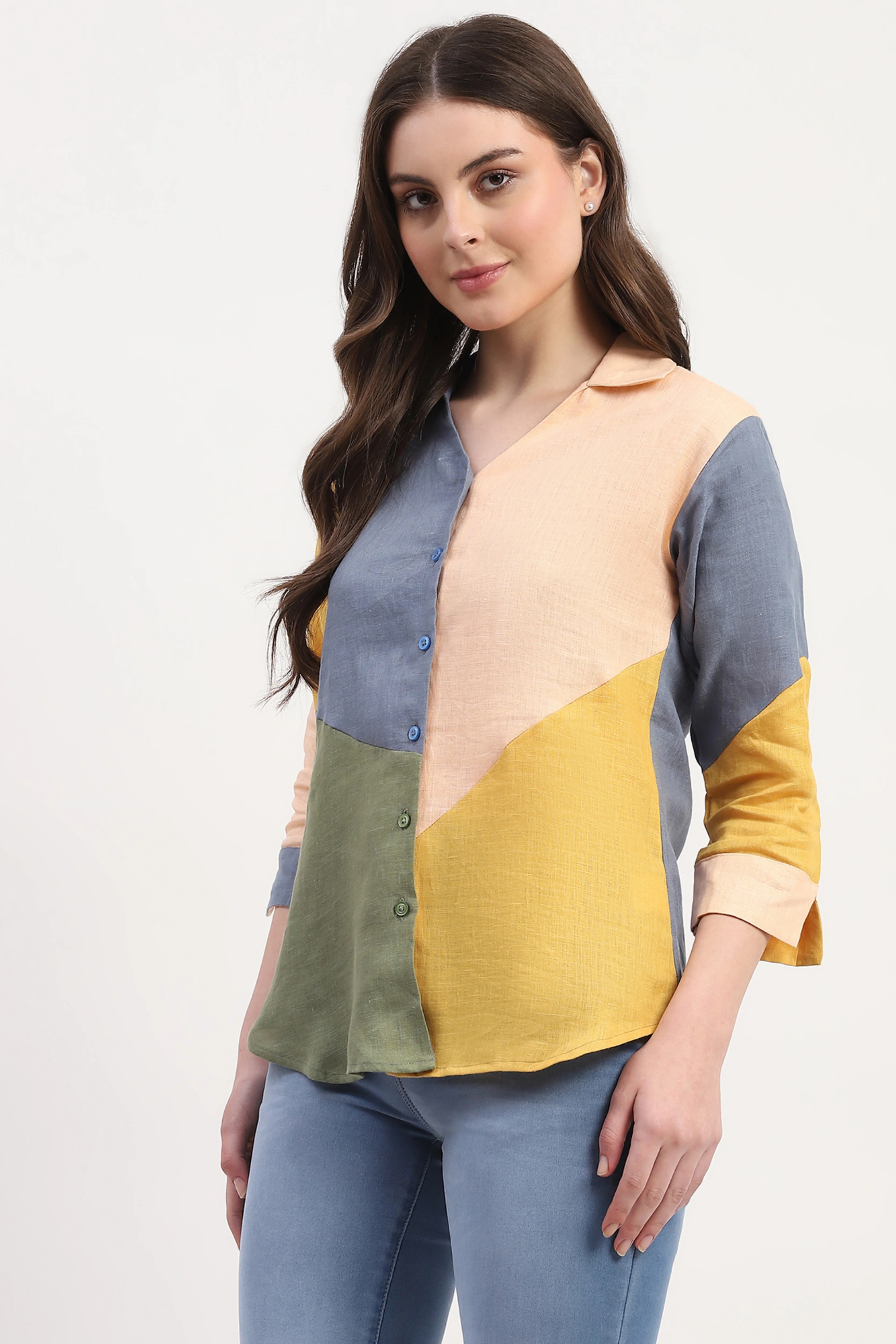 Multicolor Linen Color Block Shirt - Image 4