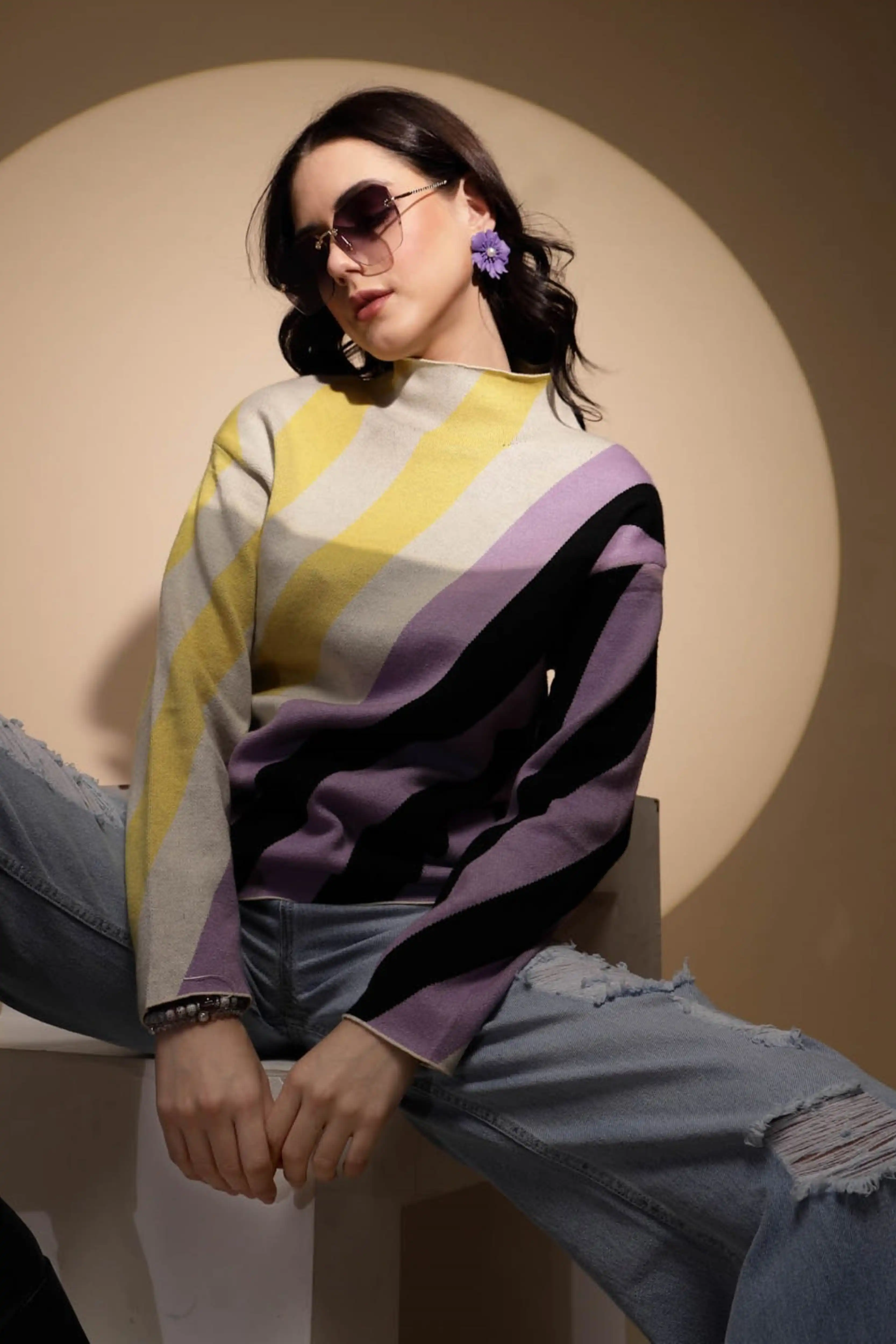 Multicolor Striped High Neck Pullover - Image 6