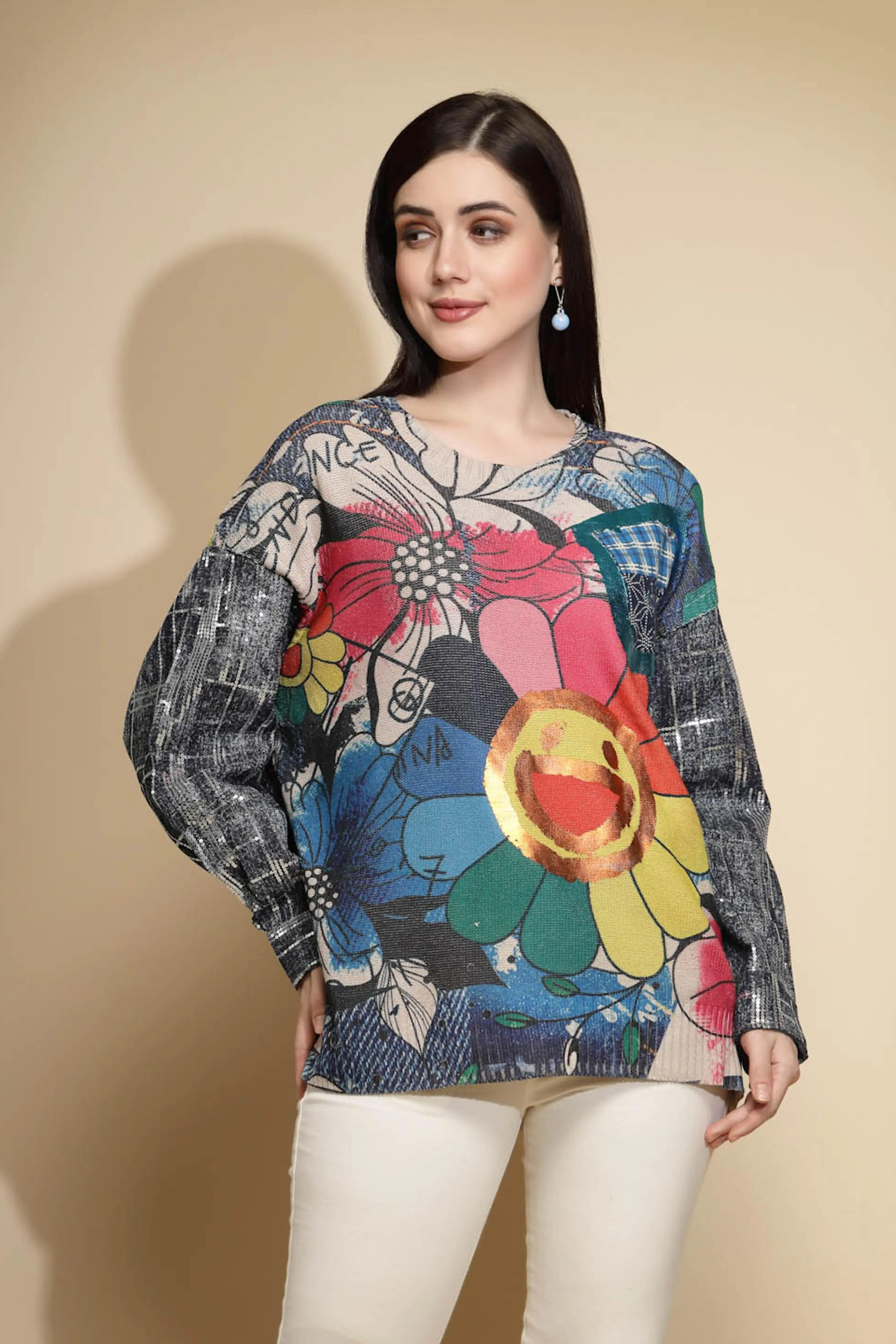 Multicolor Embellished Full Sleeve Round Neck Acrylic Pullover
