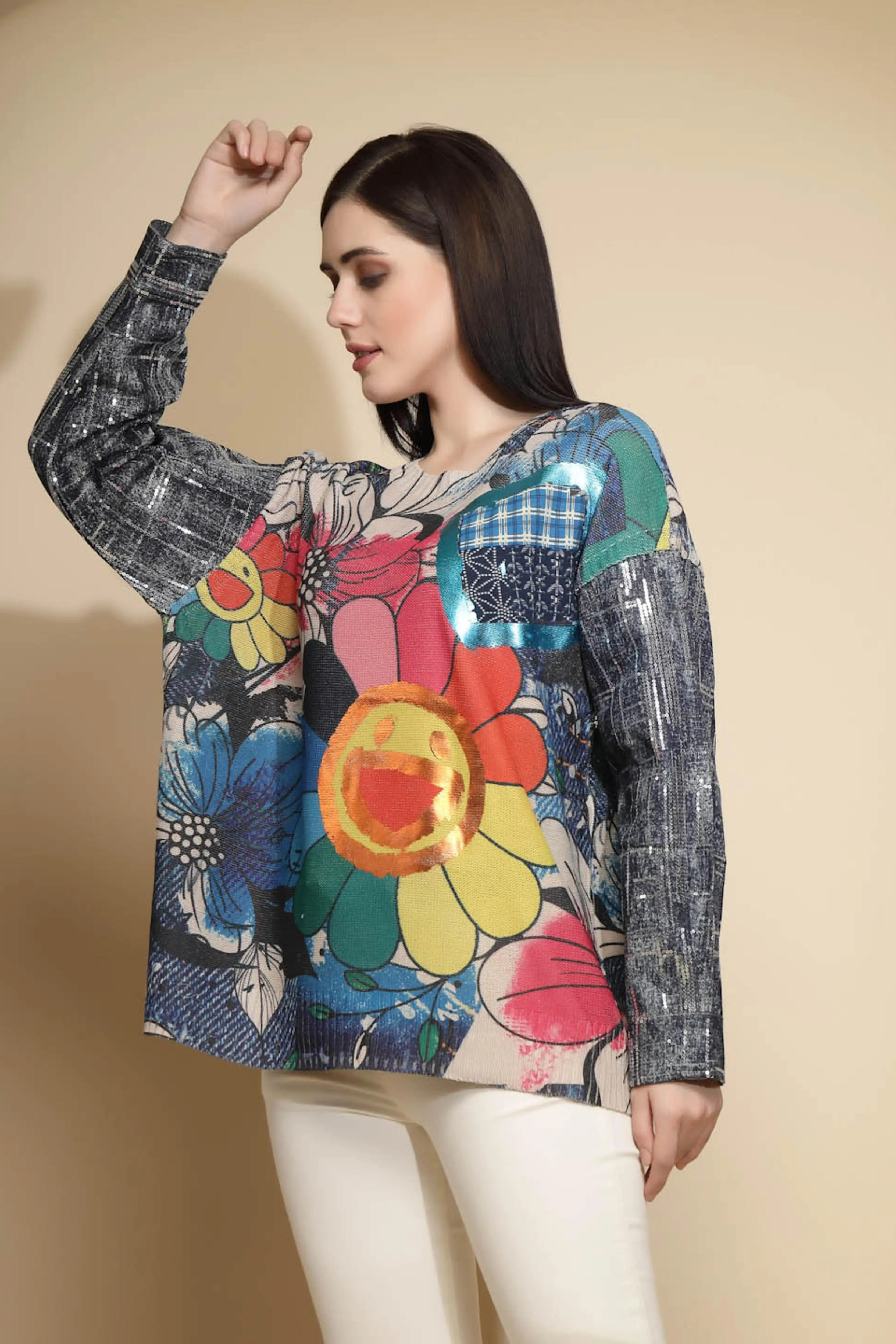 Multicolor Embellished Full Sleeve Round Neck Acrylic Pullover - Image 2