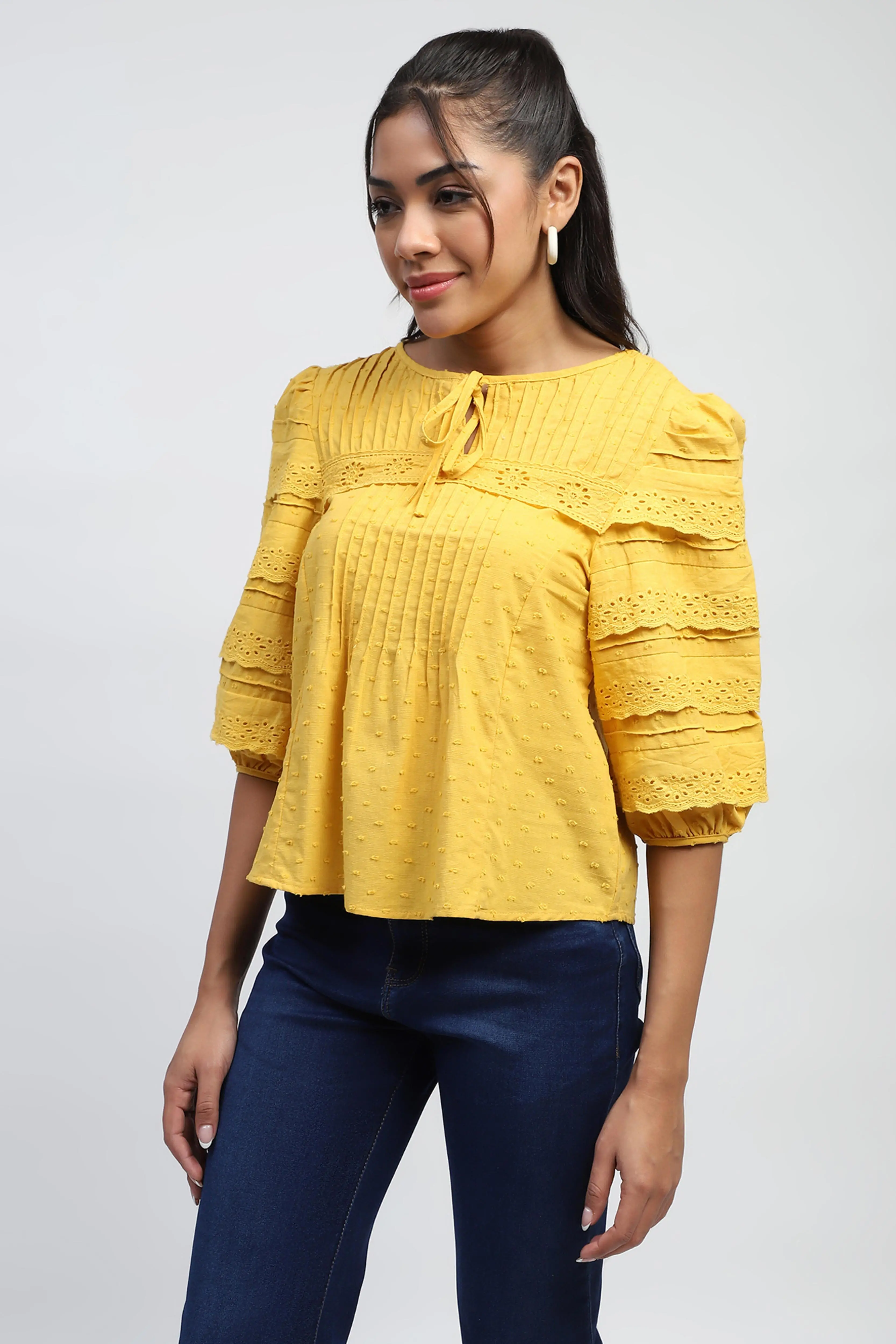 Mustard Dobby Cotton Regular Fit Blouse - Image 2