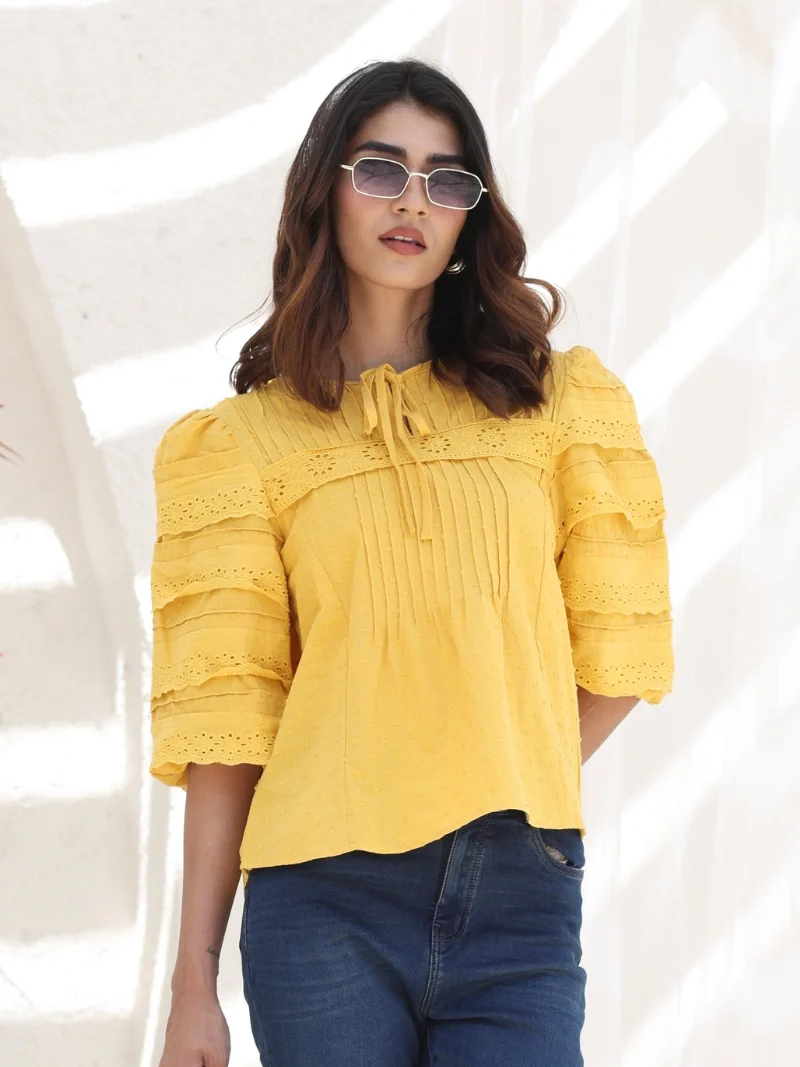 Mustard Dobby Cotton Regular Fit Blouse - Image 6