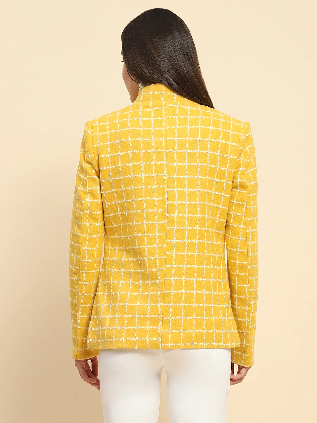 Mustard Acrylic Check Winter Coat - Image 11