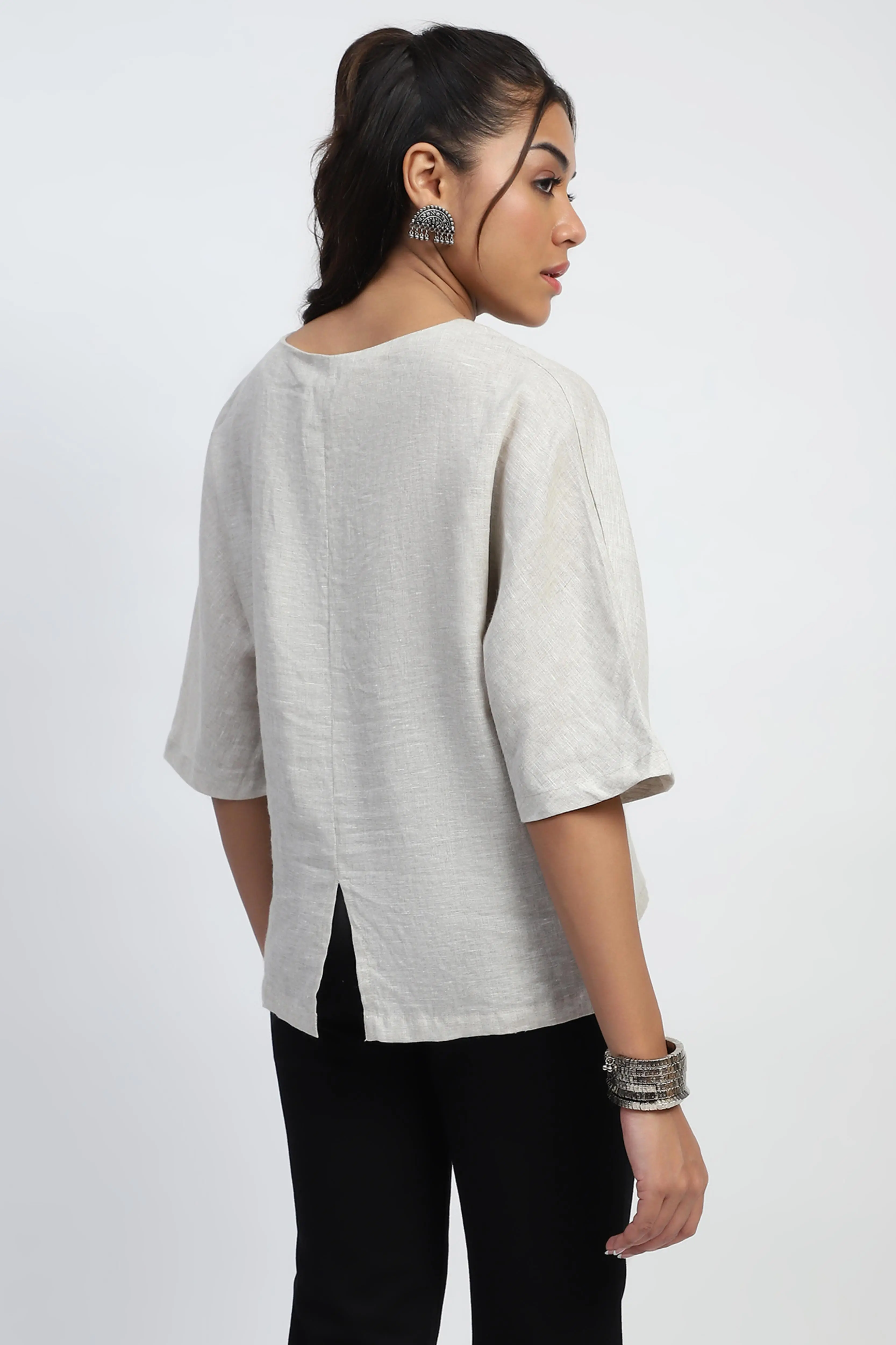 Natural Embellished Linen Boxy Fit Top - Image 4