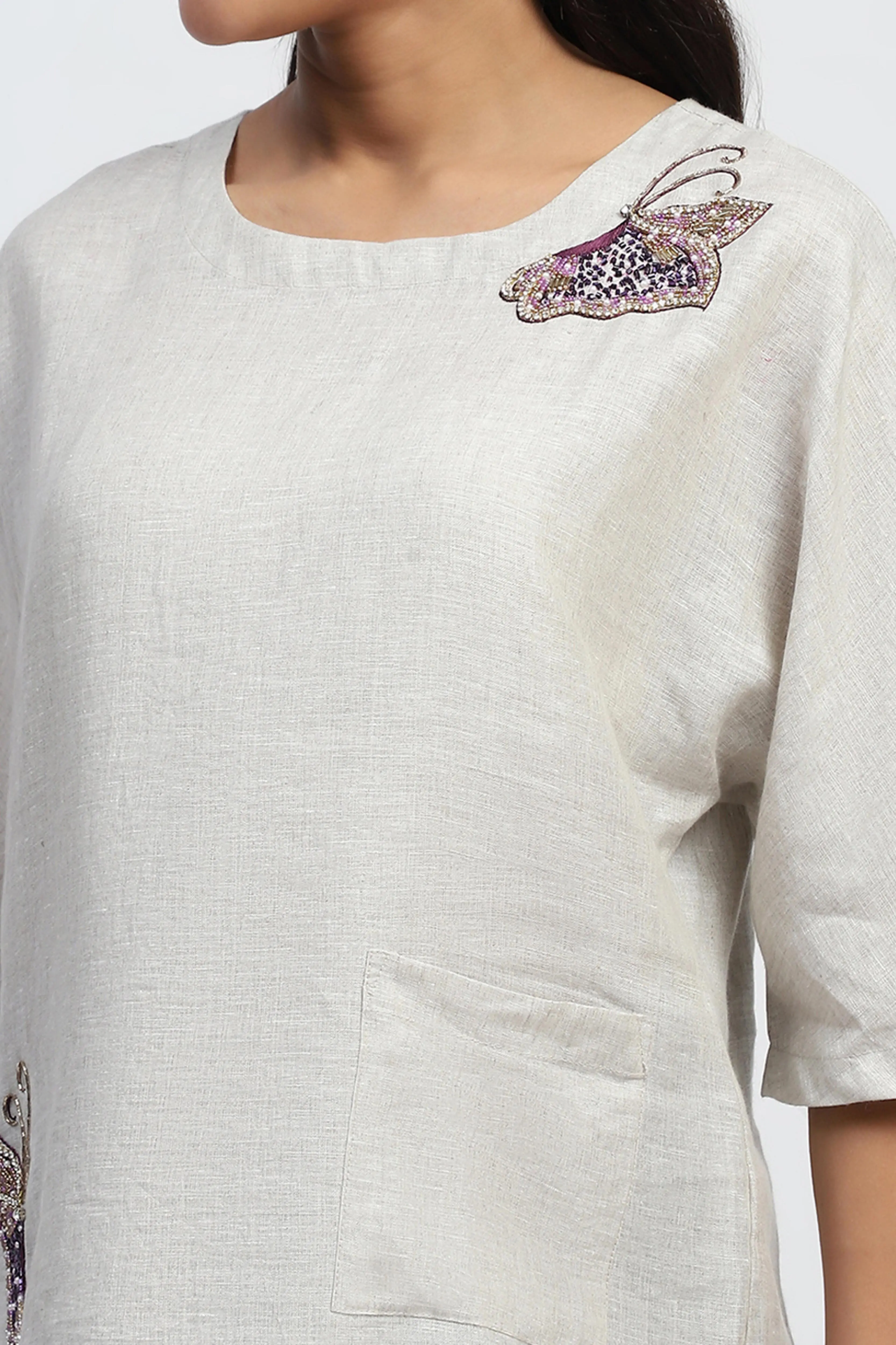 Natural Embellished Linen Boxy Fit Top - Image 5