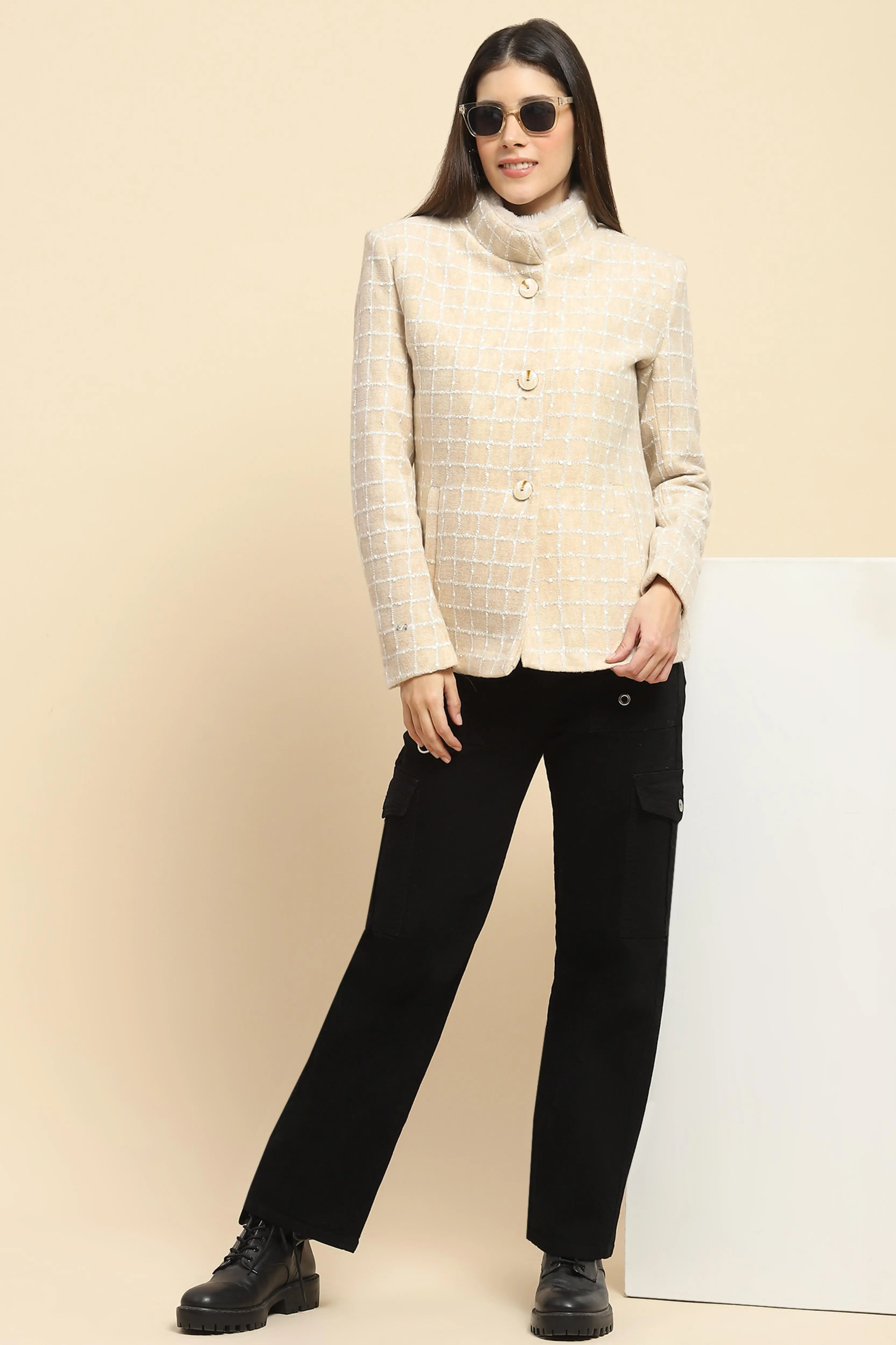 Beige Acrylic Check Winter Coat - Image 6