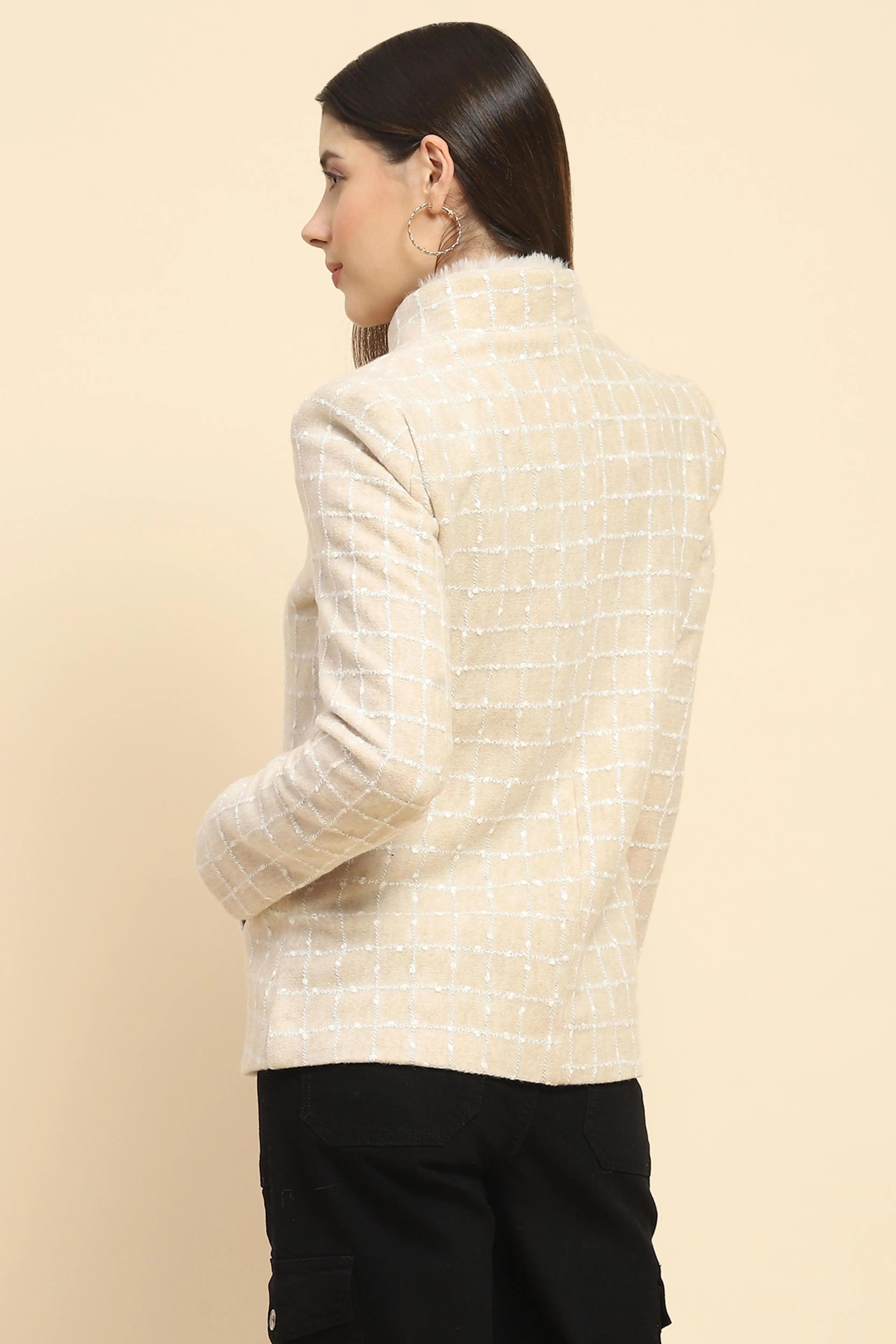 Beige Acrylic Check Winter Coat - Image 7