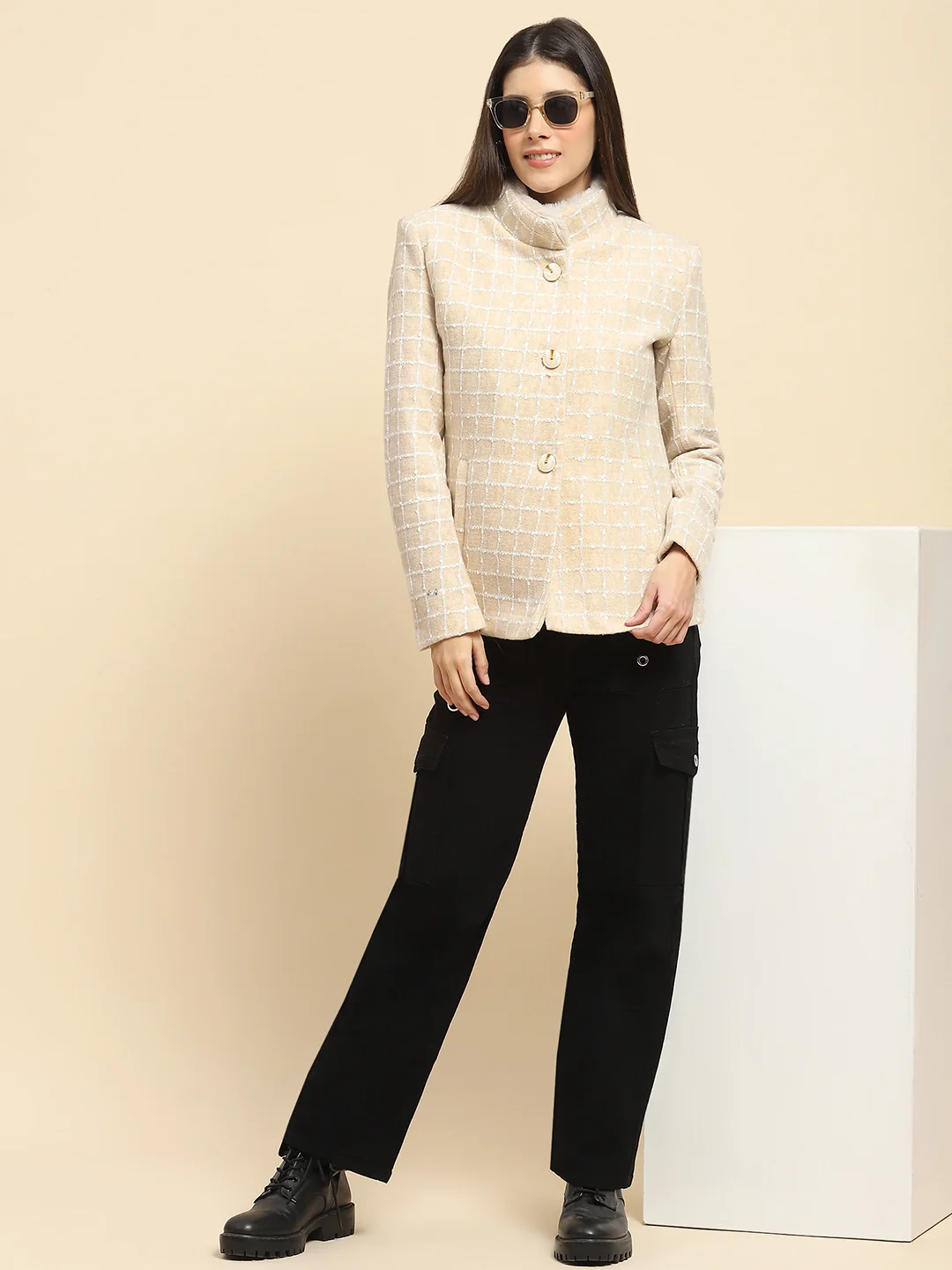 Beige Acrylic Check Winter Coat - Image 8