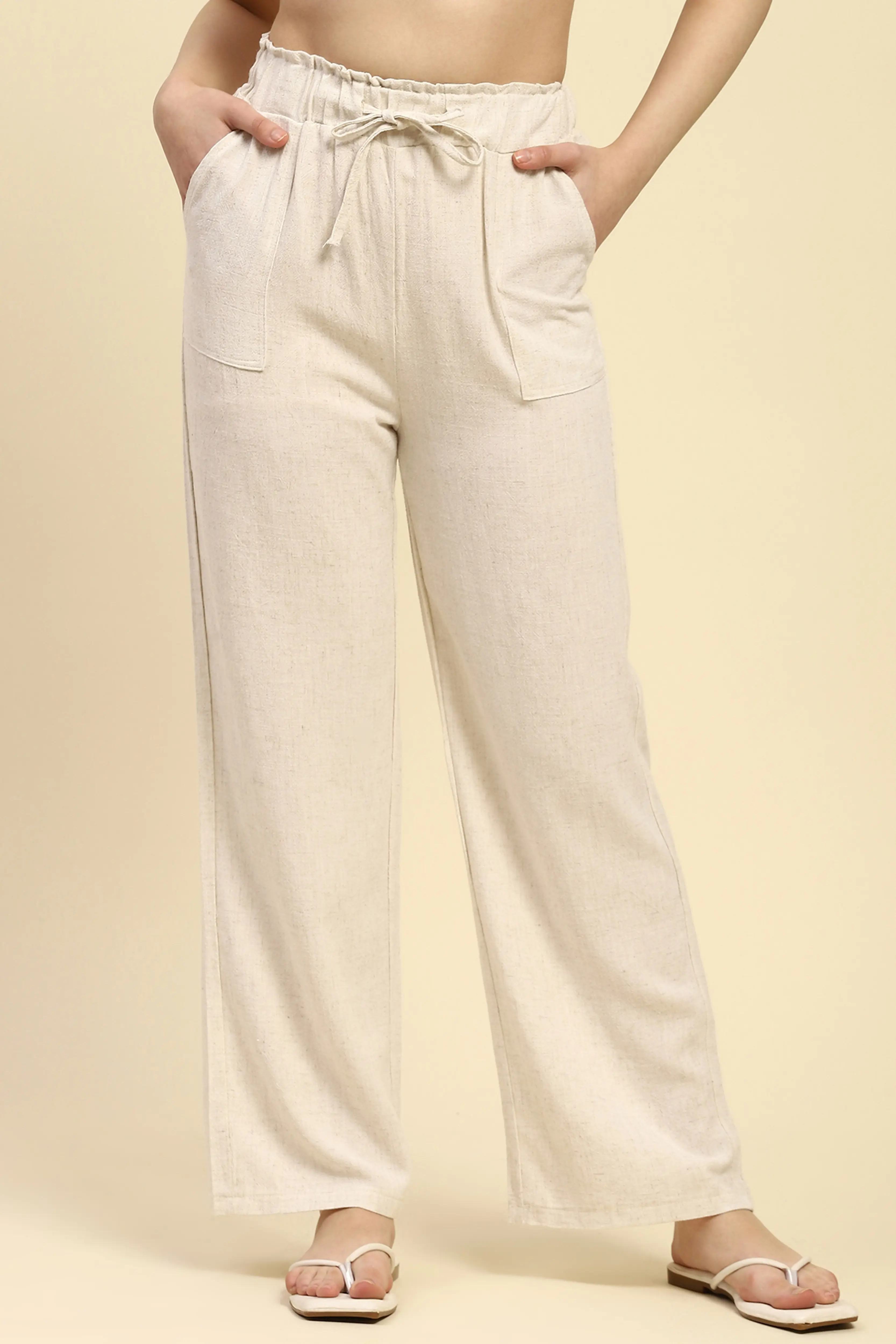 Natural Beige Solid Relaxed Fit Lower