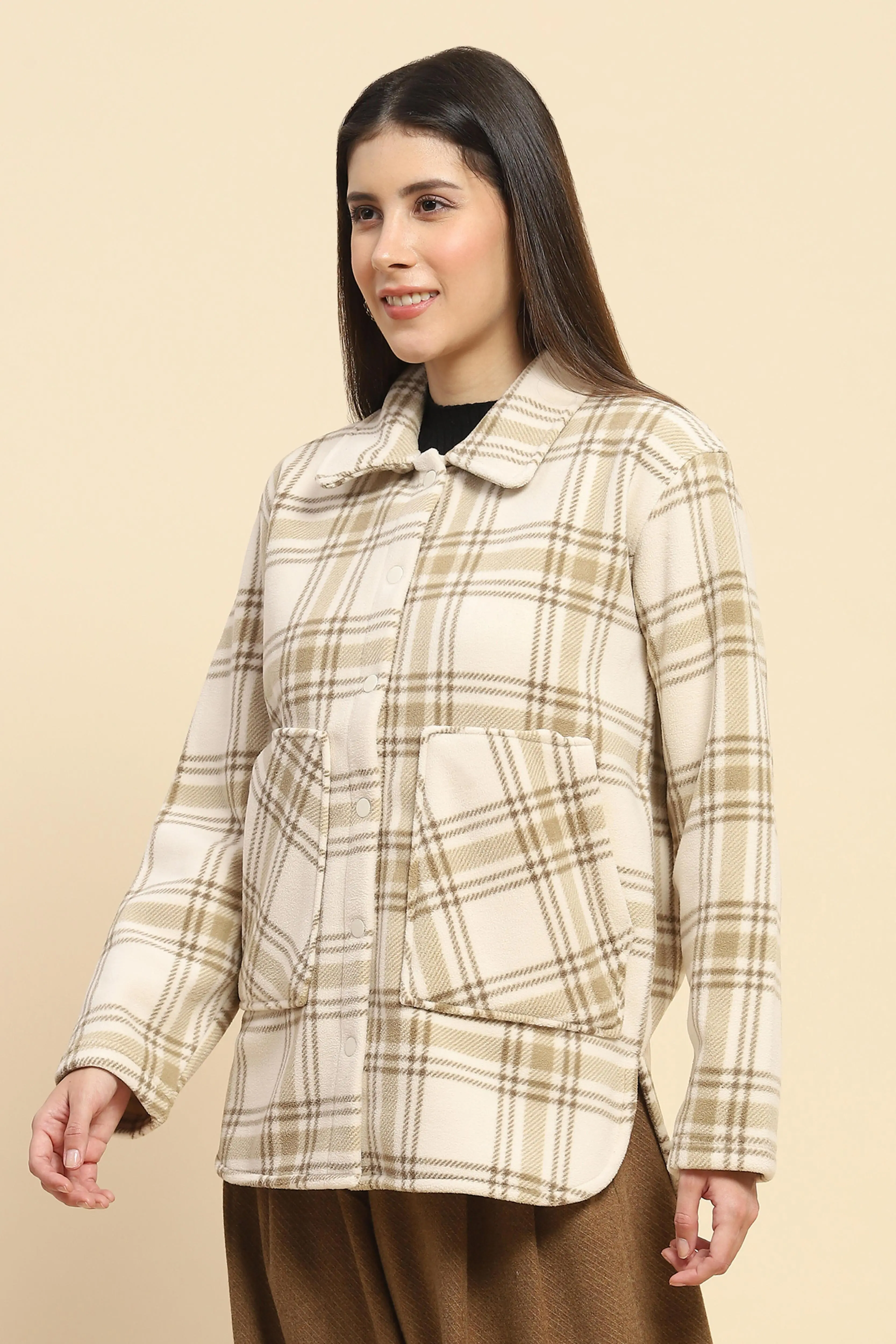 Beige Fleece Check Winter Shacket - Image 2