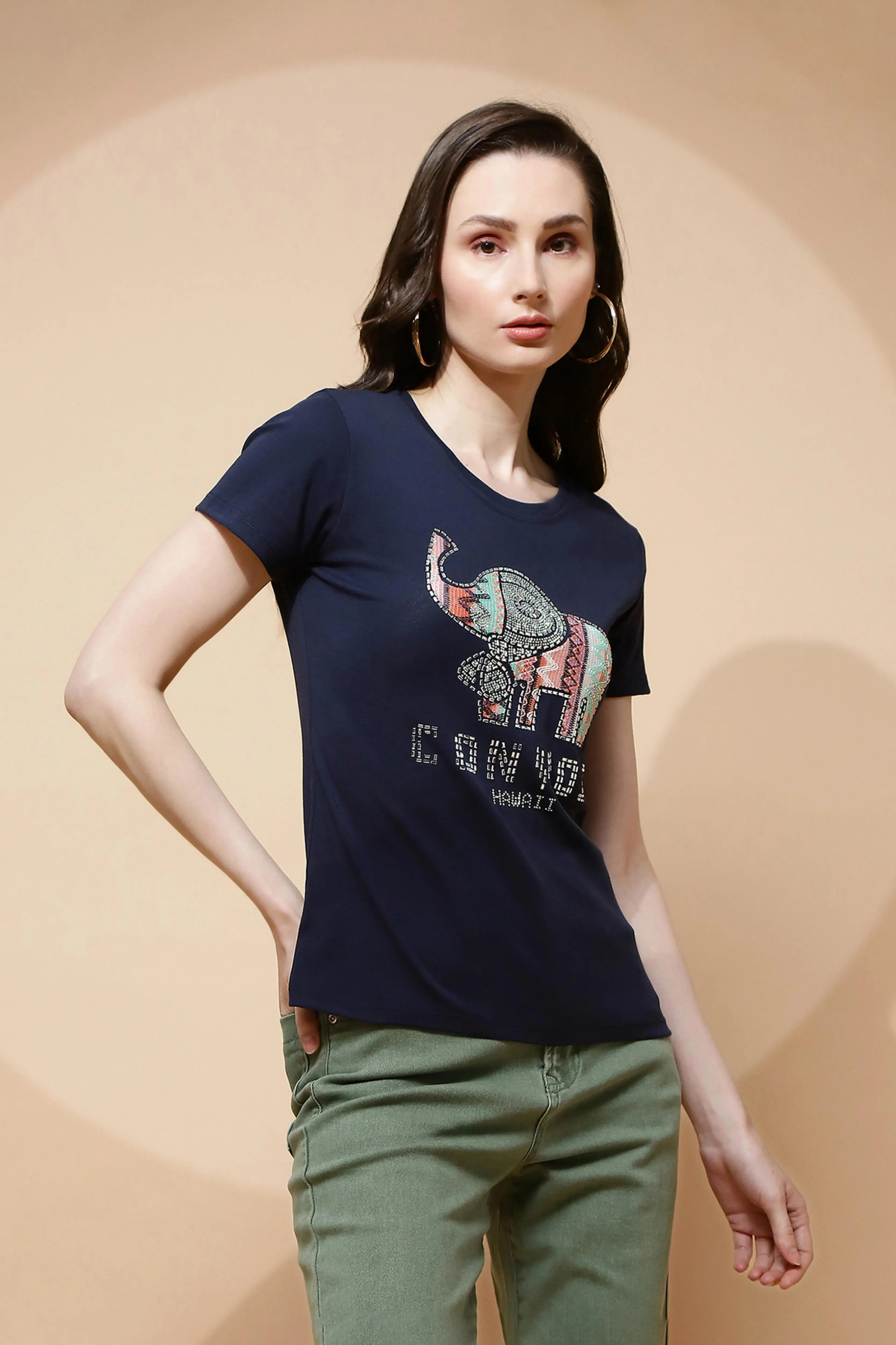 Navy Blue Cotton Blend Graphic Top - Image 3