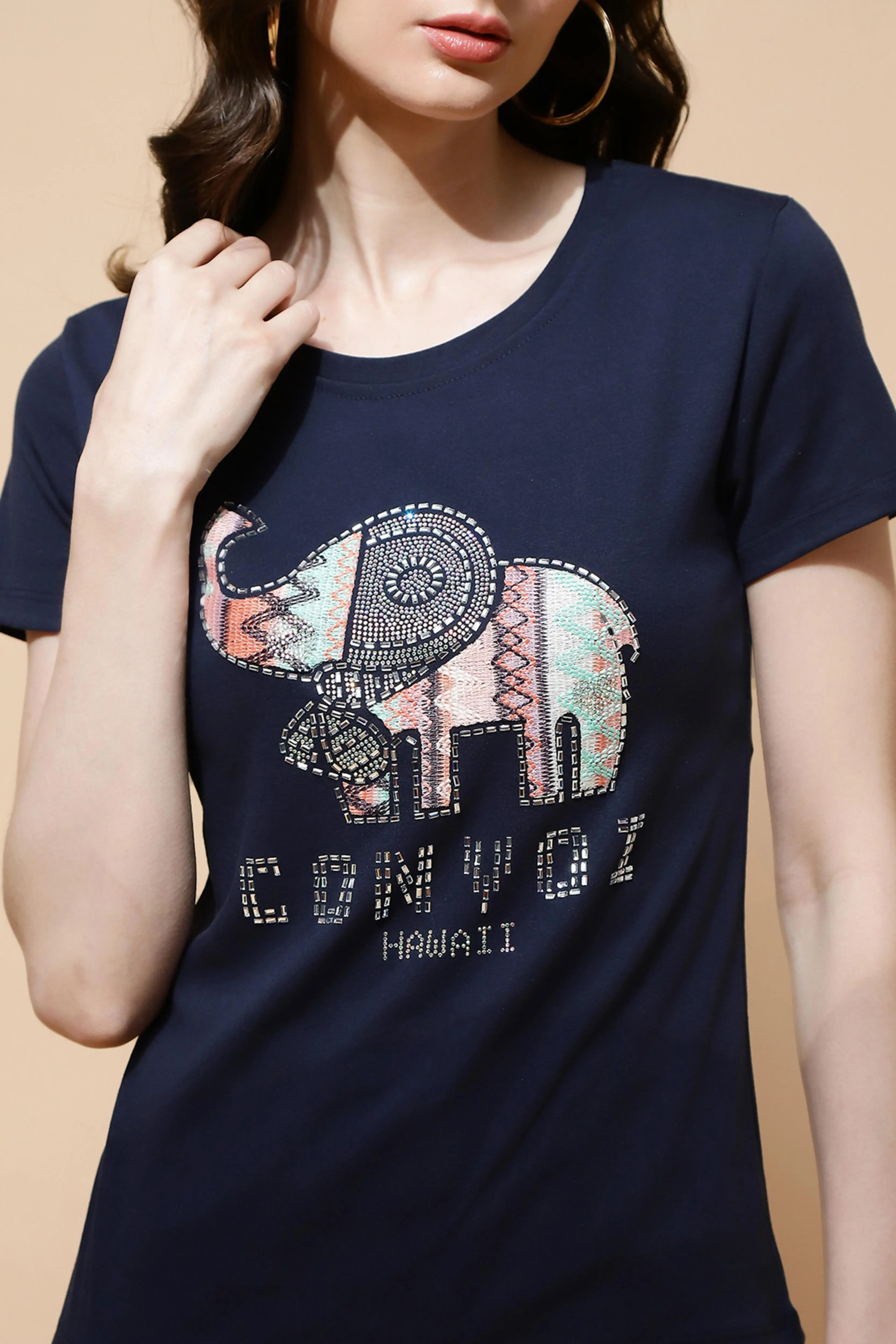 Navy Blue Cotton Blend Graphic Top - Image 5