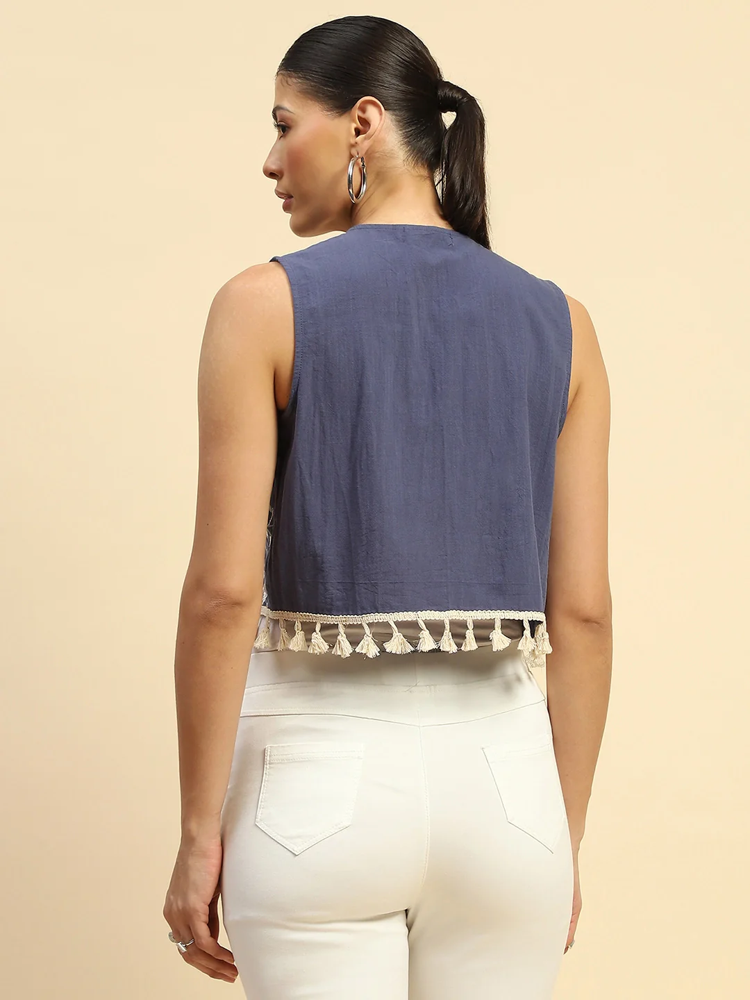 Blue Cotton Embroidered Waist Coat - Image 11