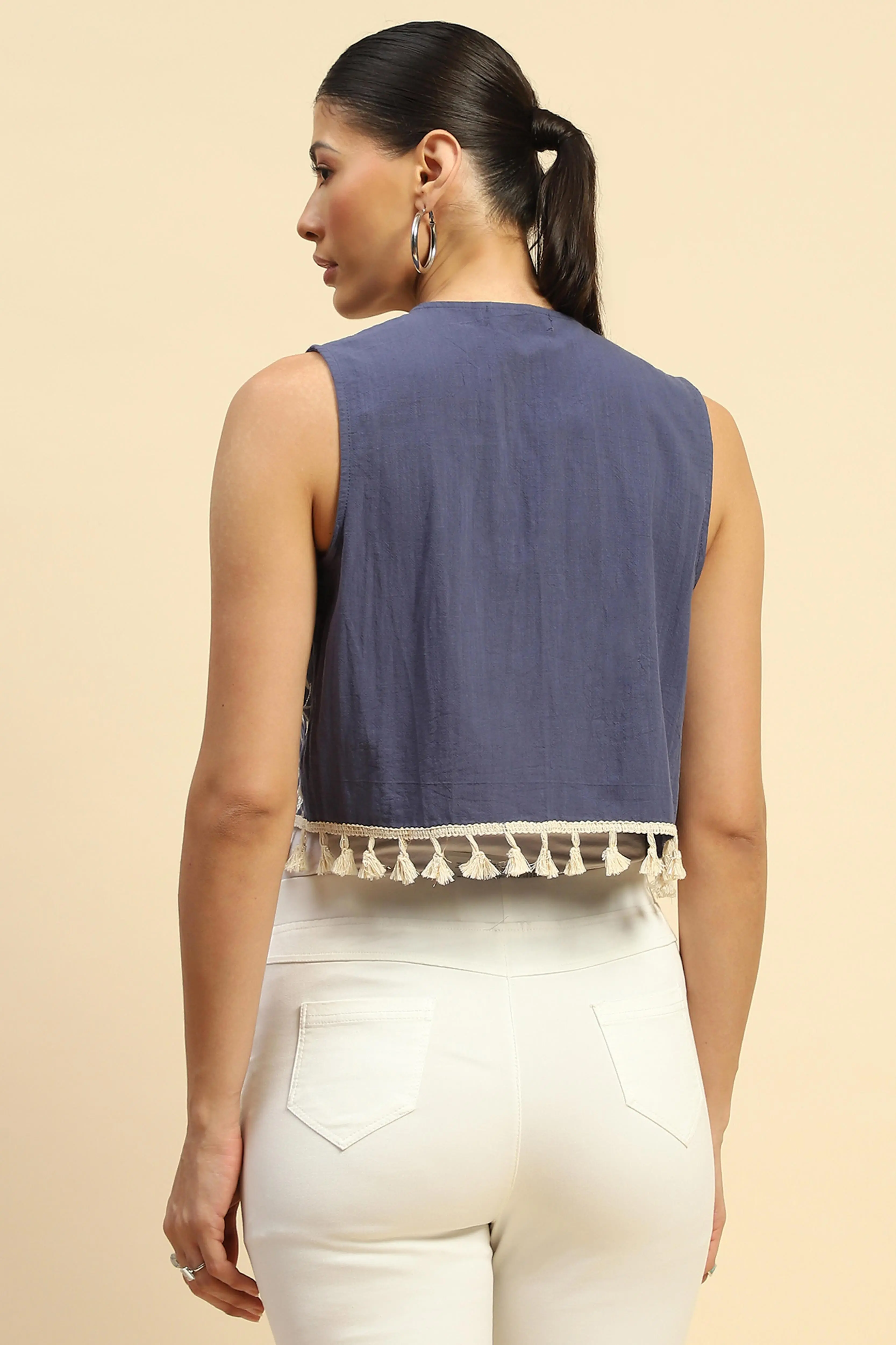 Blue Cotton Embroidered Waist Coat - Image 4