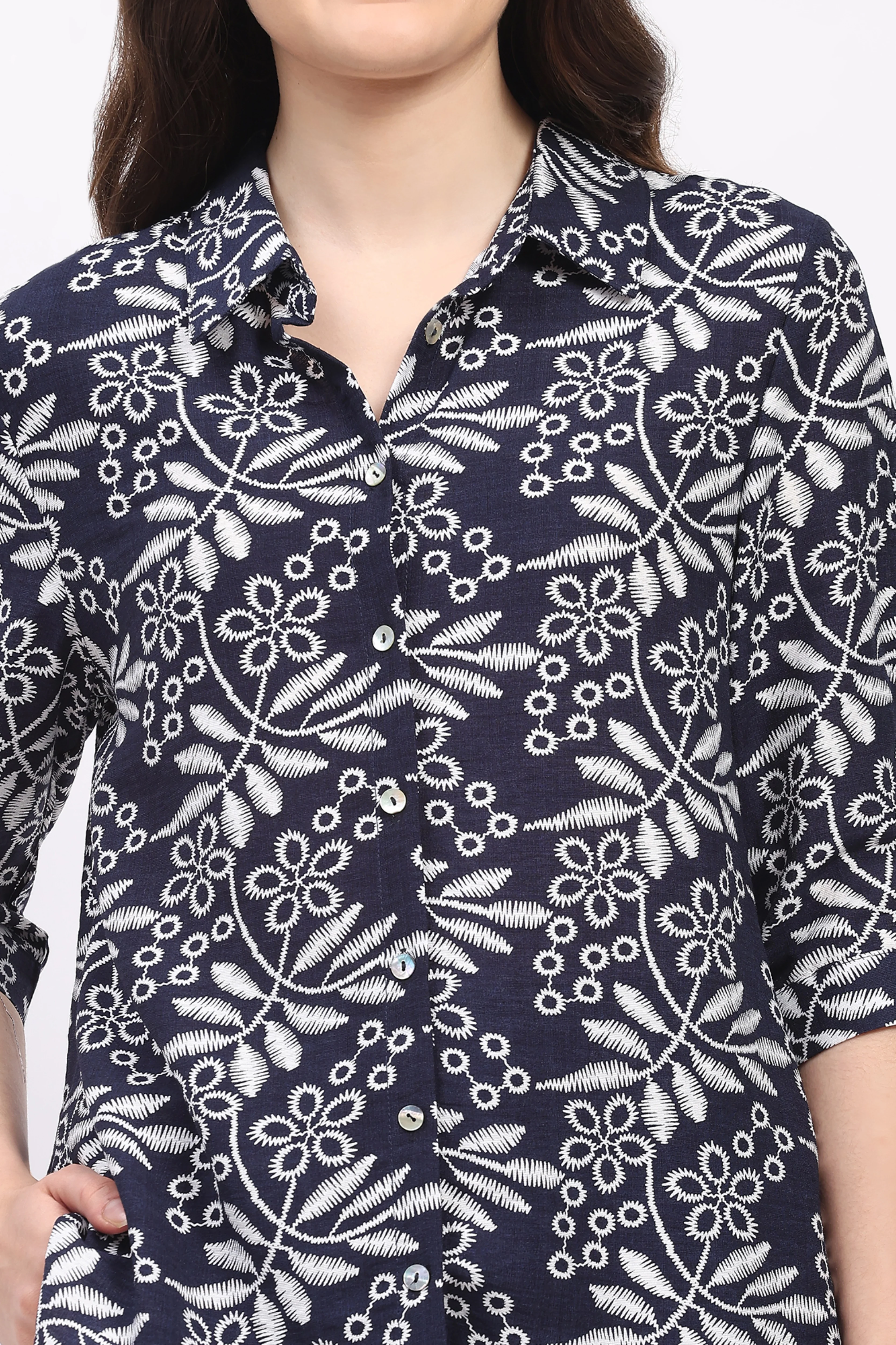 Navy Blue Leaf & Floral Print Rayon Co-ord Set - Image 10