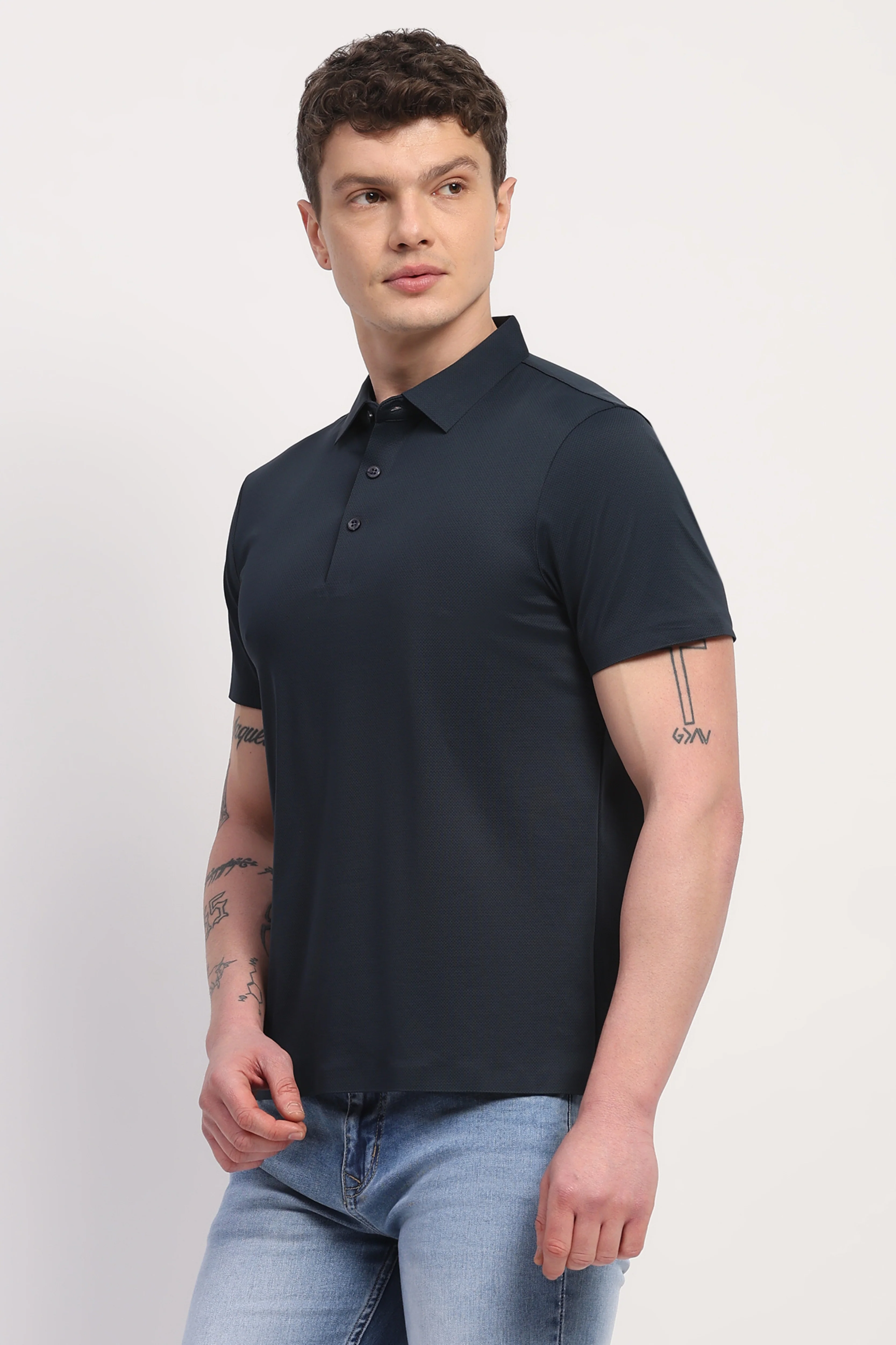 Navy Blue Nylon Spandex Printed T-Shirt - Image 3