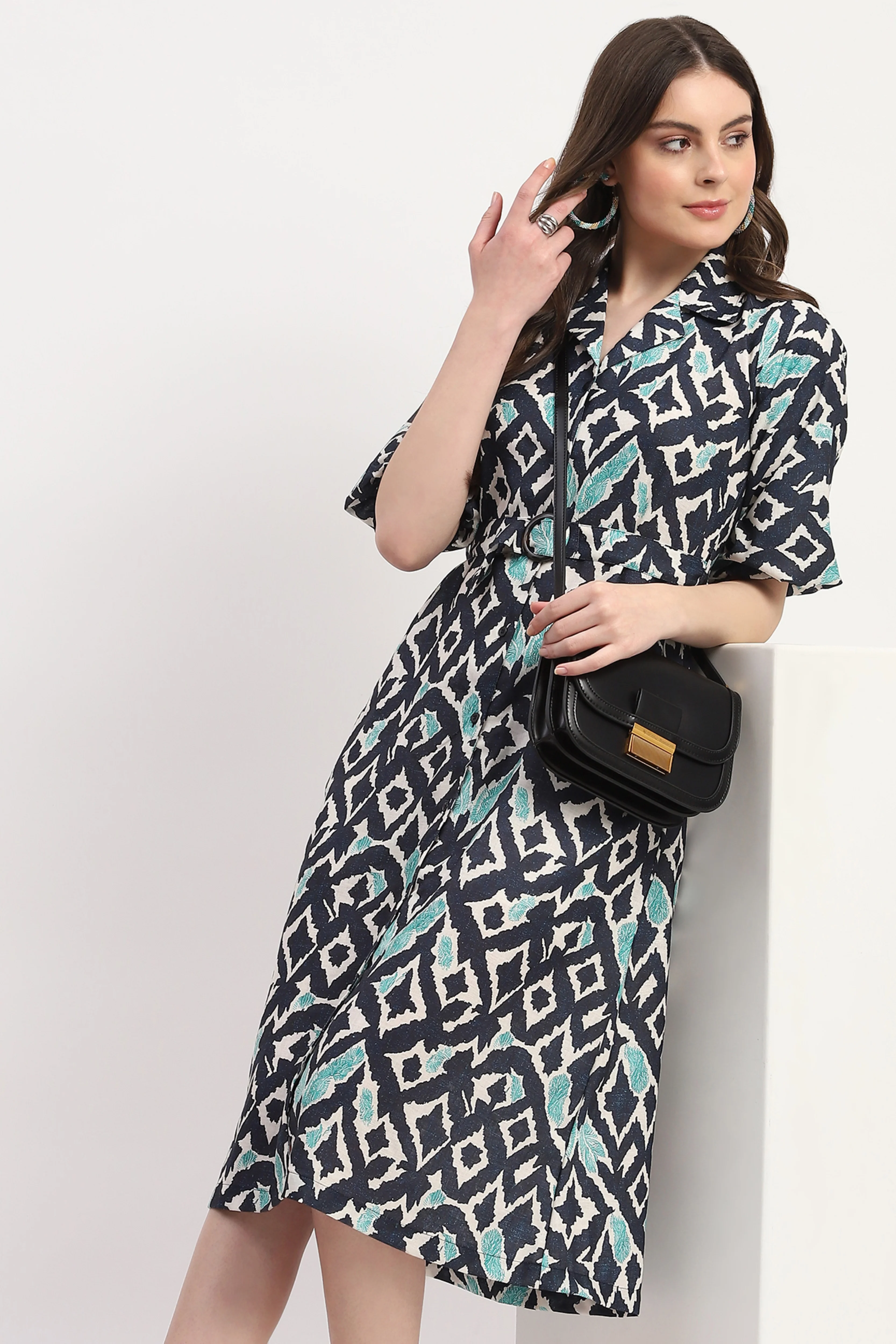 Navy Blue Poly Linen Printed Dress - Image 7