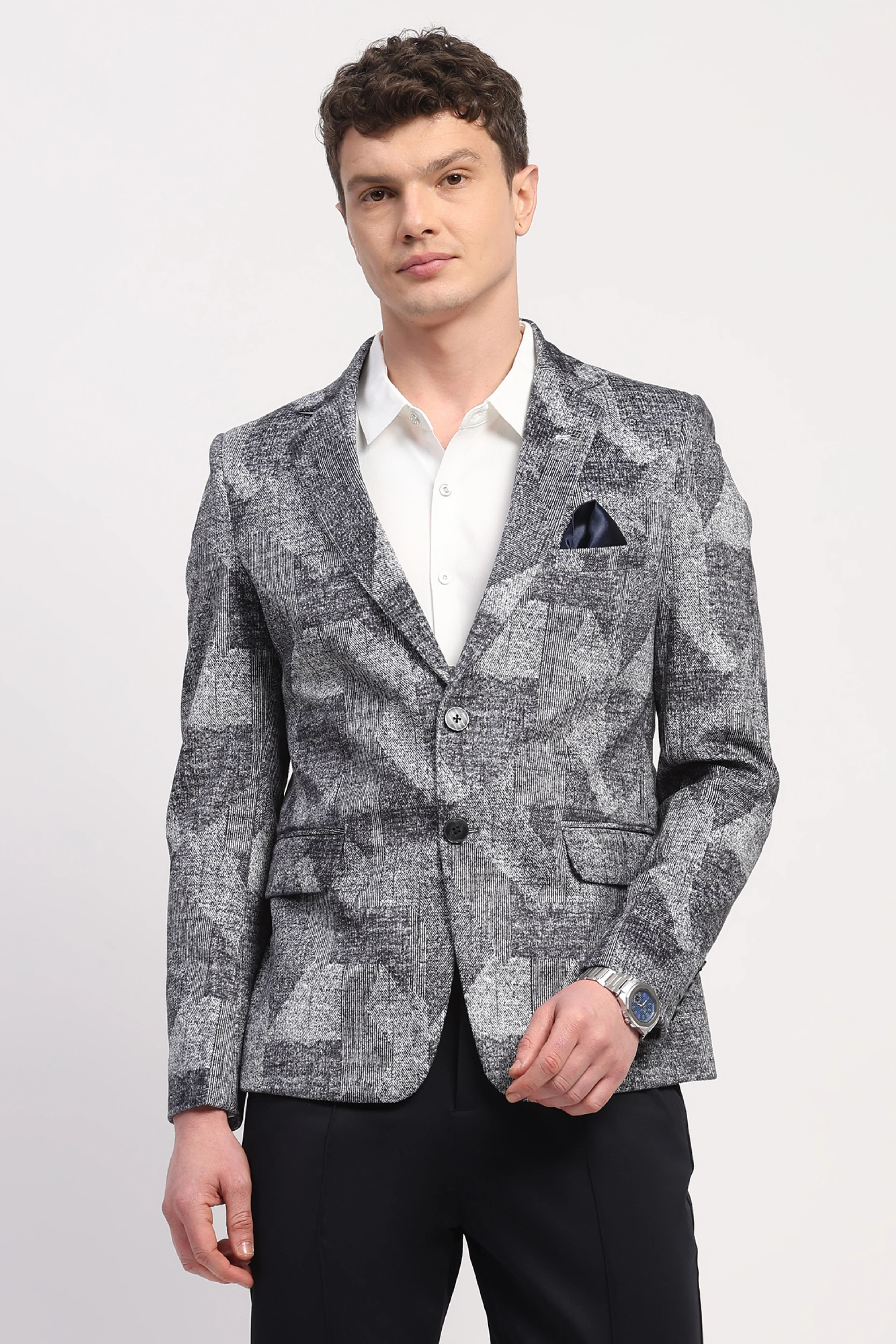 Navy Blue Poly Velvet Abstract Print Coat - Image 2