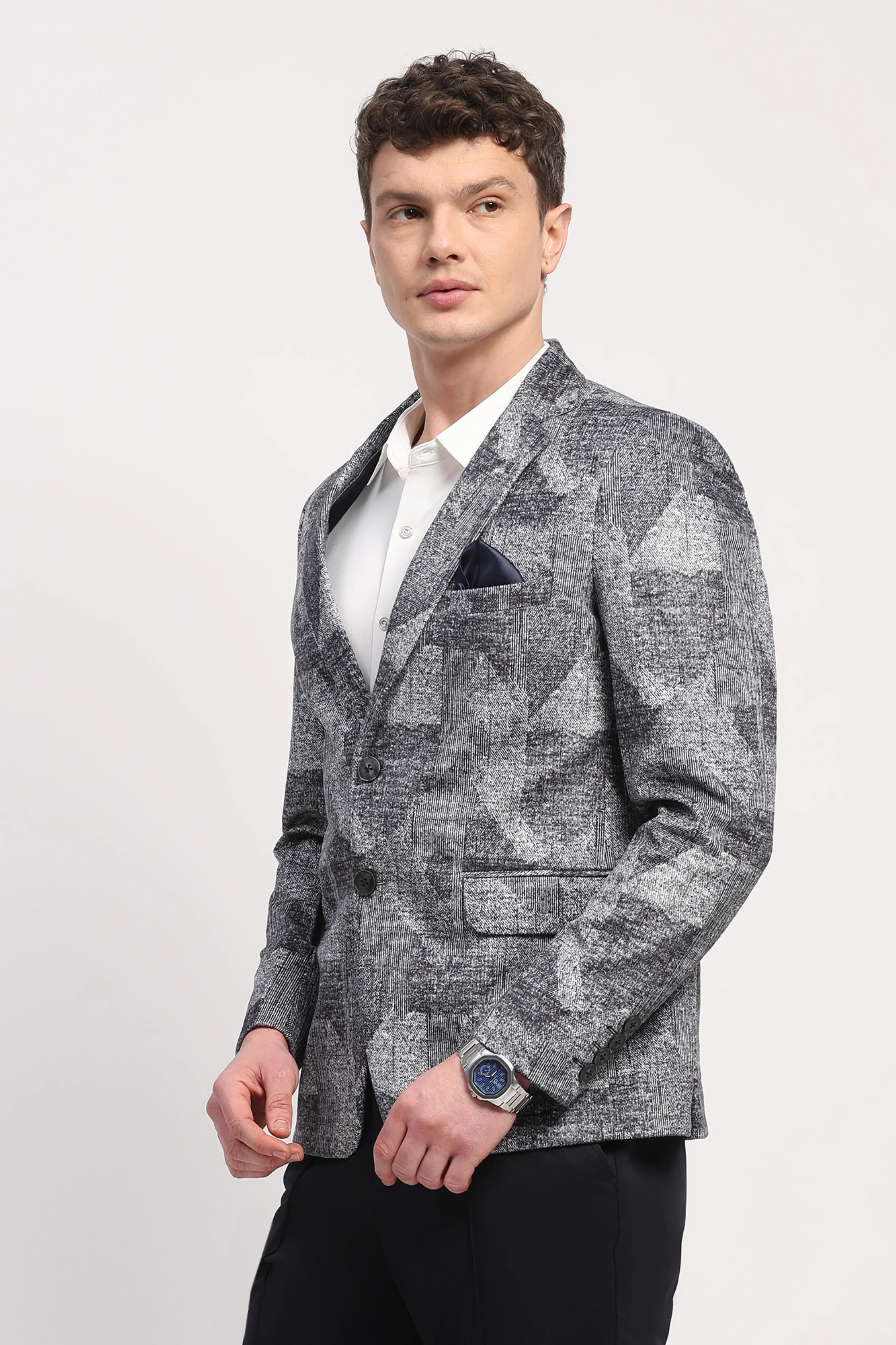 Navy Blue Poly Velvet Abstract Print Coat - Image 4