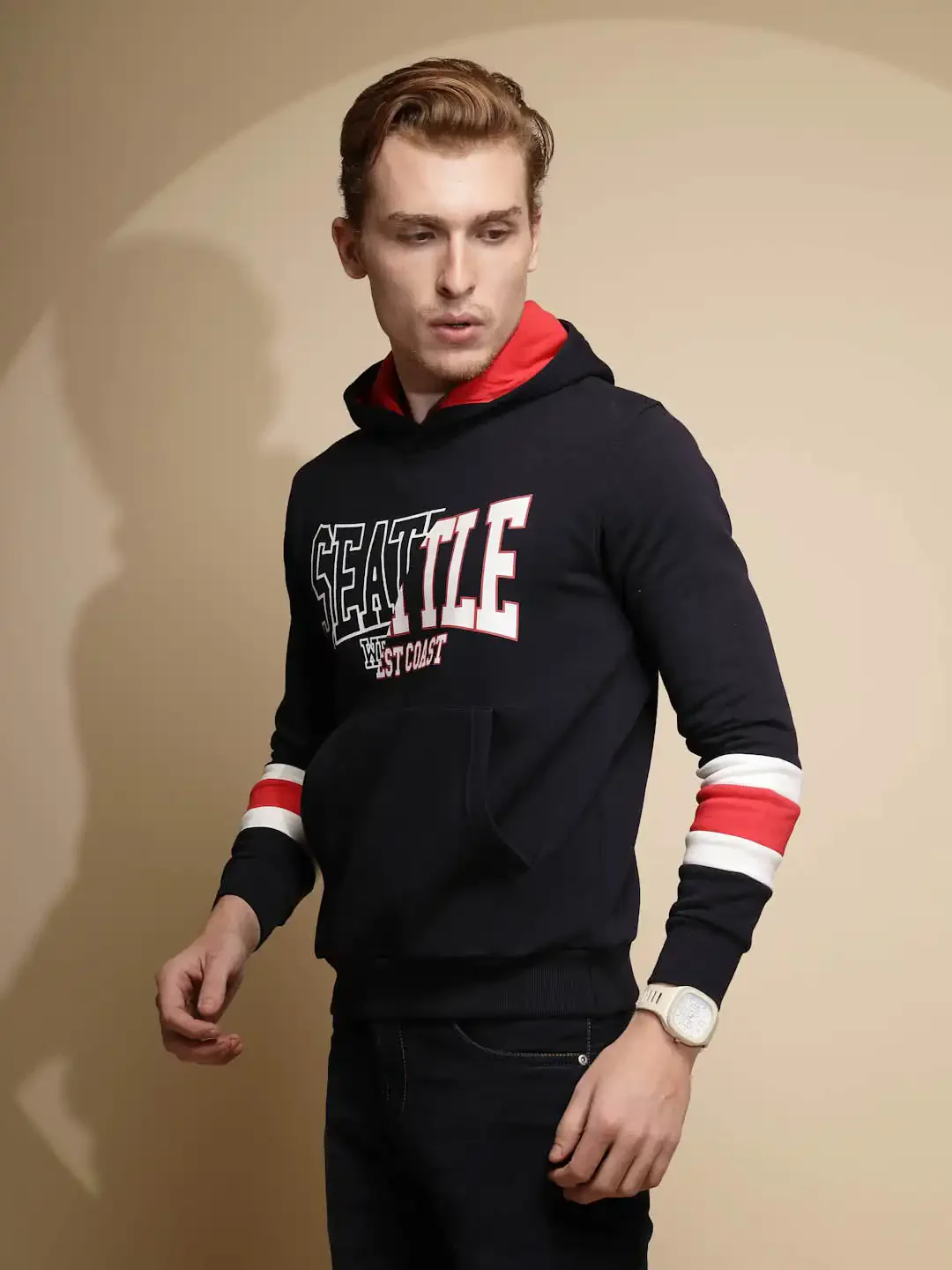 Navy Blue Solid Full Sleeve Fleece Hooded Sweatshirt - Image 8