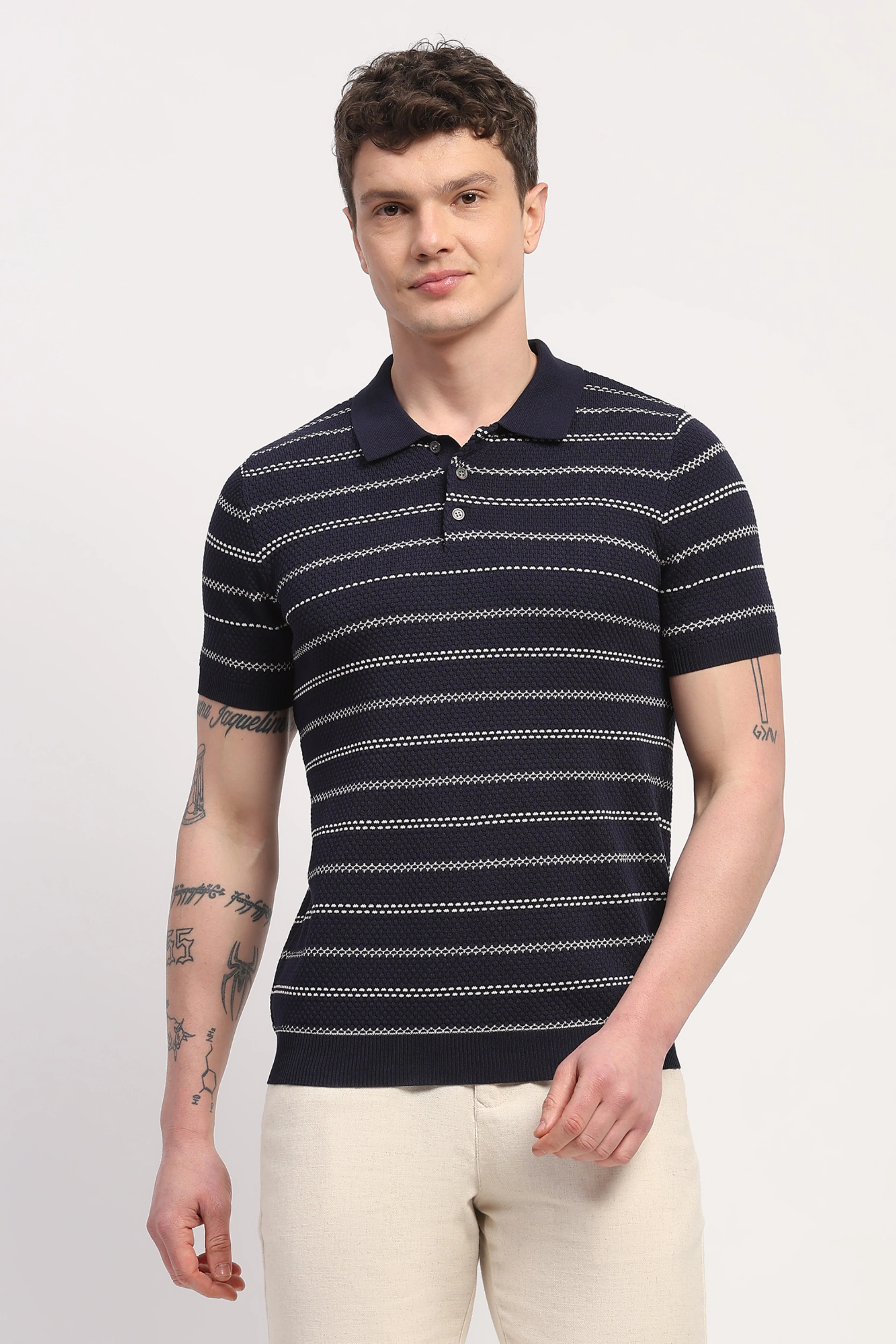 Navy Blue Viscose Blend Woven Self Design T-Shirt - Image 2