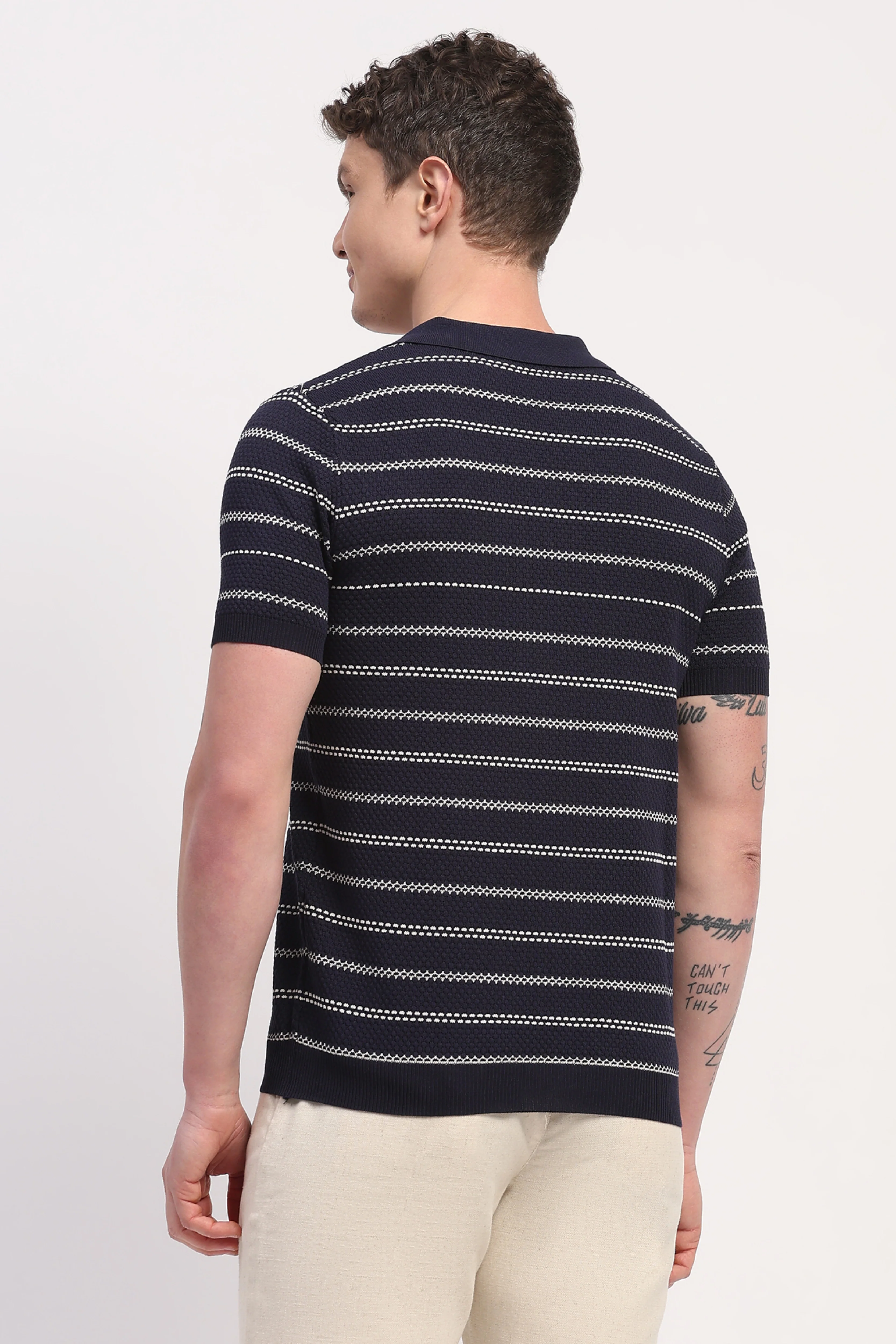 Navy Blue Viscose Blend Woven Self Design T-Shirt - Image 5